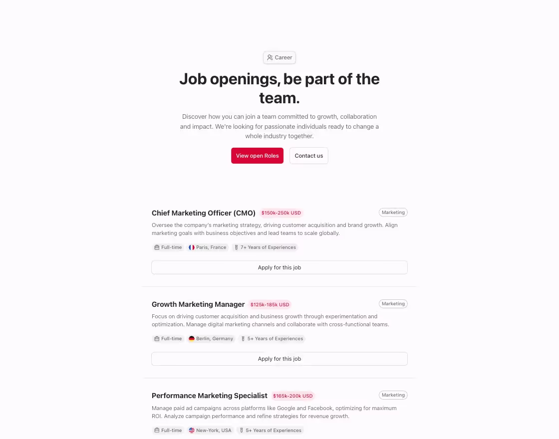 Career component with job list in a 1 column centered layout.