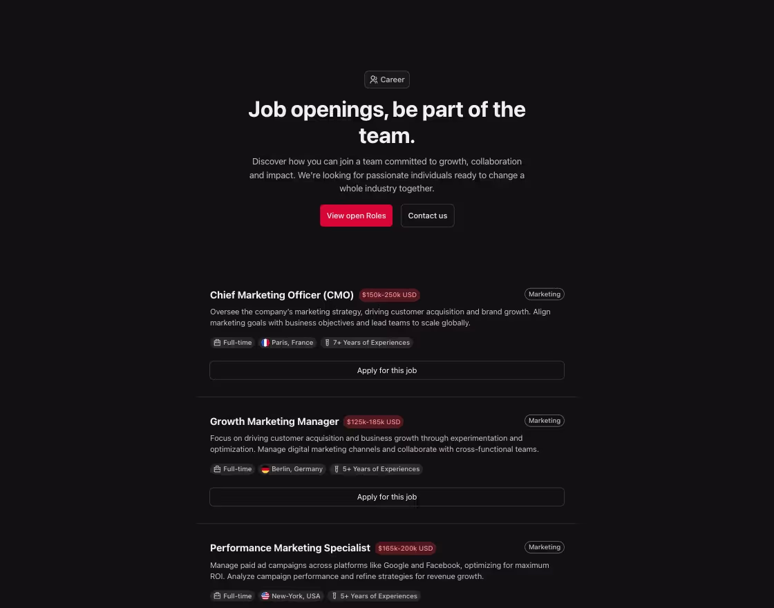 Career component with job list in a 1 column centered layout.