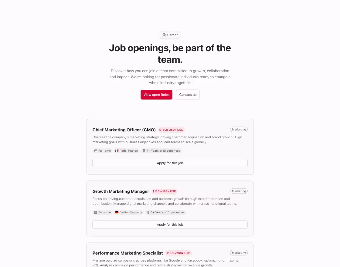 Career component with job list in cards in a 1 column centered layout.