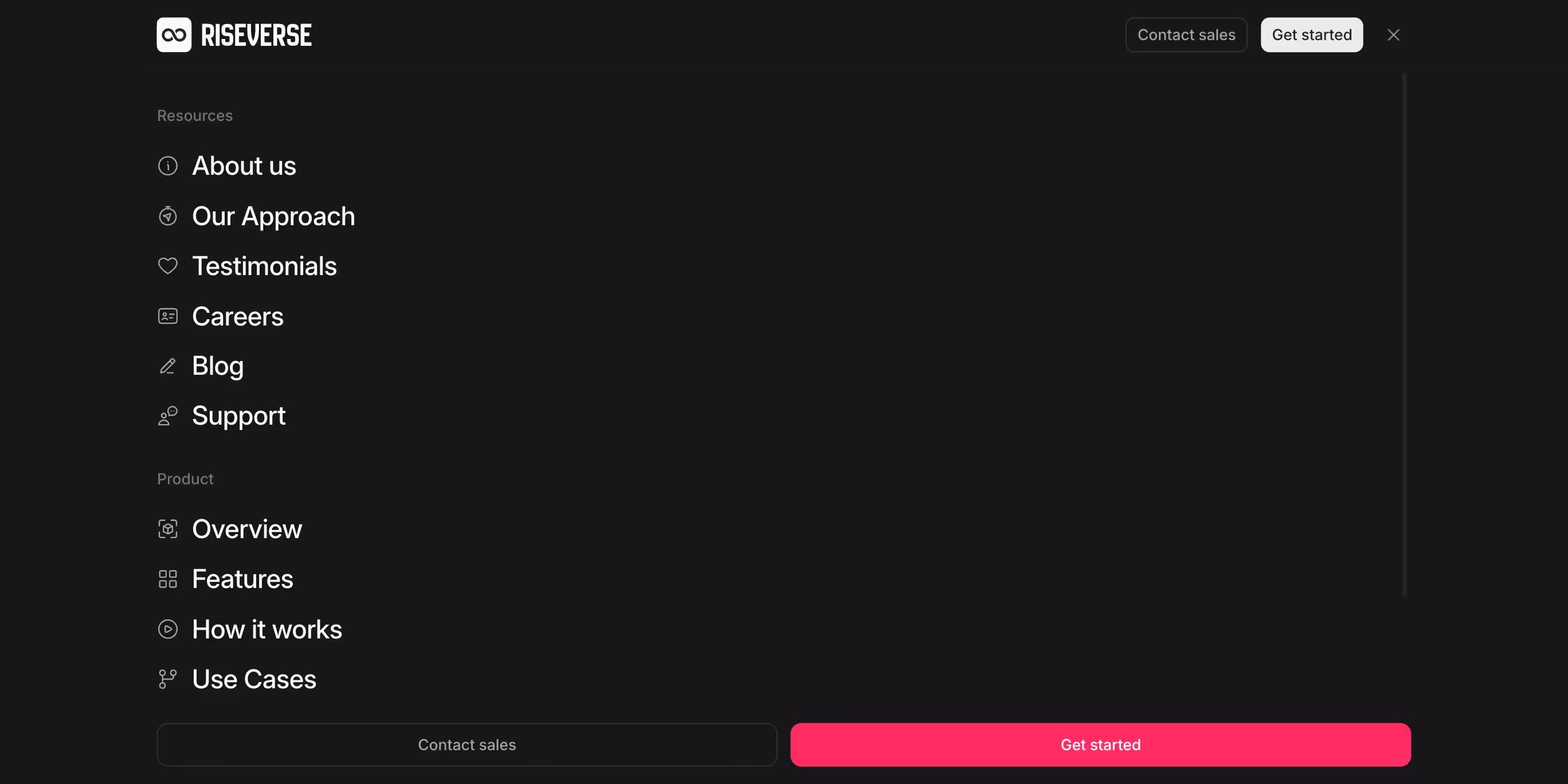 Navbar component with left-aligned logo and full-screen hamburger menu on both desktop and mobile. Menu links are hidden behind a hamburger toggle and open into a full-height vertical layout with grouped links. This is a premium, dark mode component.
