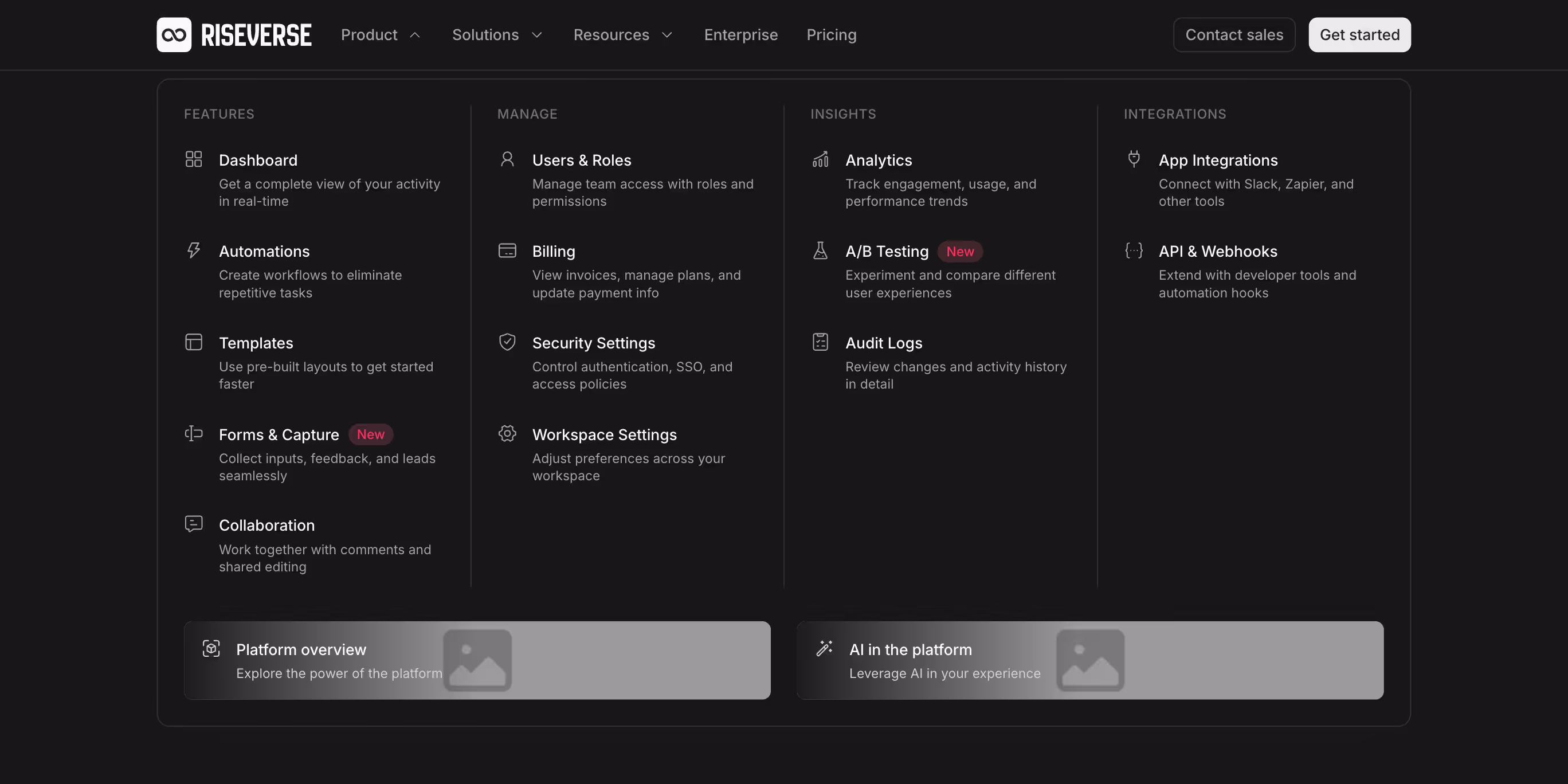 Navbar component with left-aligned logo and left-aligned menu links. Includes three 3-column and 4-column mega menus grouped by categories, featuring links with icon and description, link cards with background images and a card for customer stories. On mobile, the navbar transitions into a full-height menu with grouped links. This is a premium, dark mode component, inspired by the Webflow 2025 website navbar.