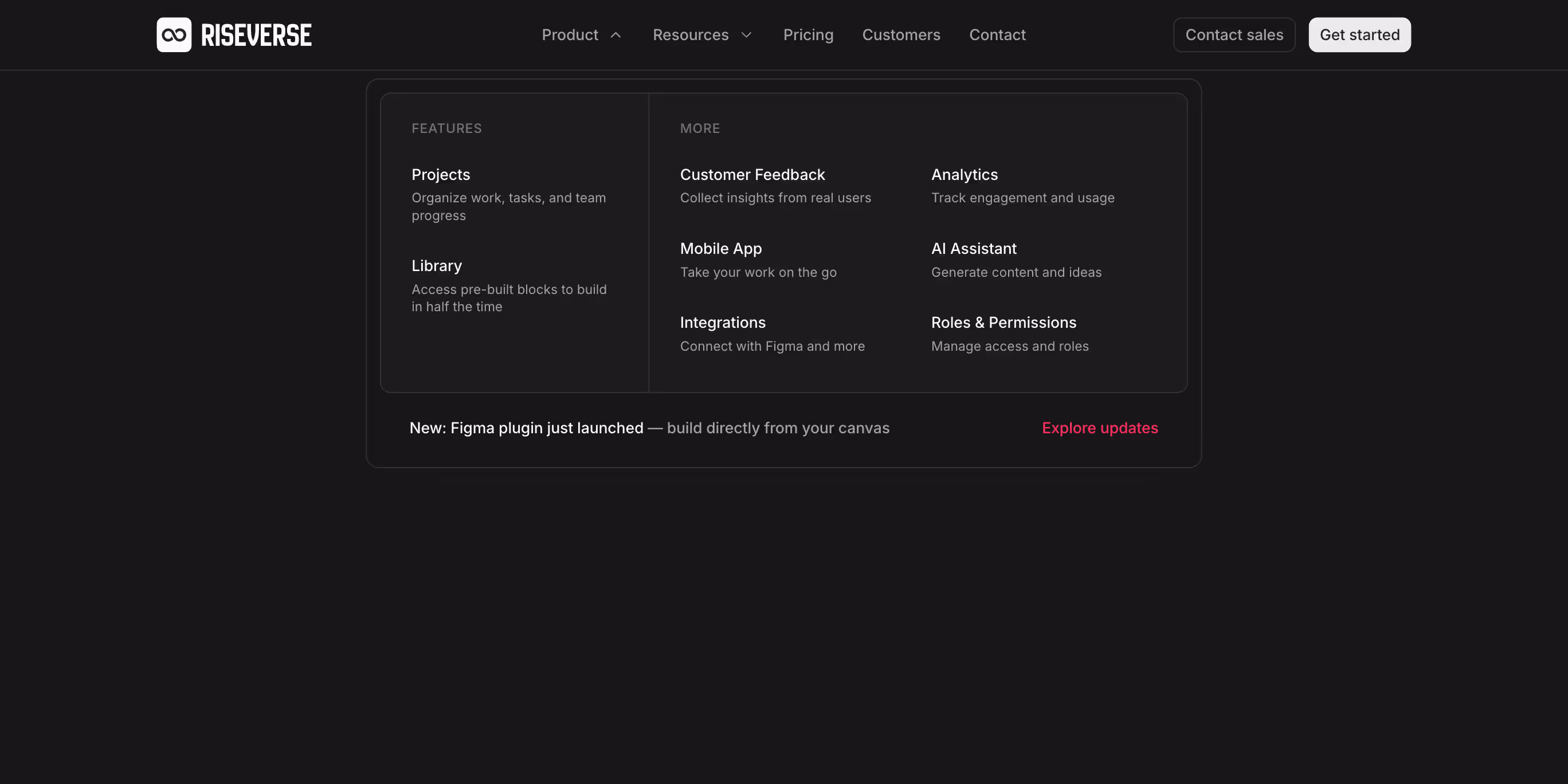 Navbar component with left-aligned logo and centered menu links. Includes two 3-column mega menus grouped by categories, featuring links with icon and description. One of the dropdown includes a bottom promotional banner. On mobile, the navbar transitions into a full-height menu with grouped links. This is a premium, dark mode component, inspired by the Linear 2025 website navbar.