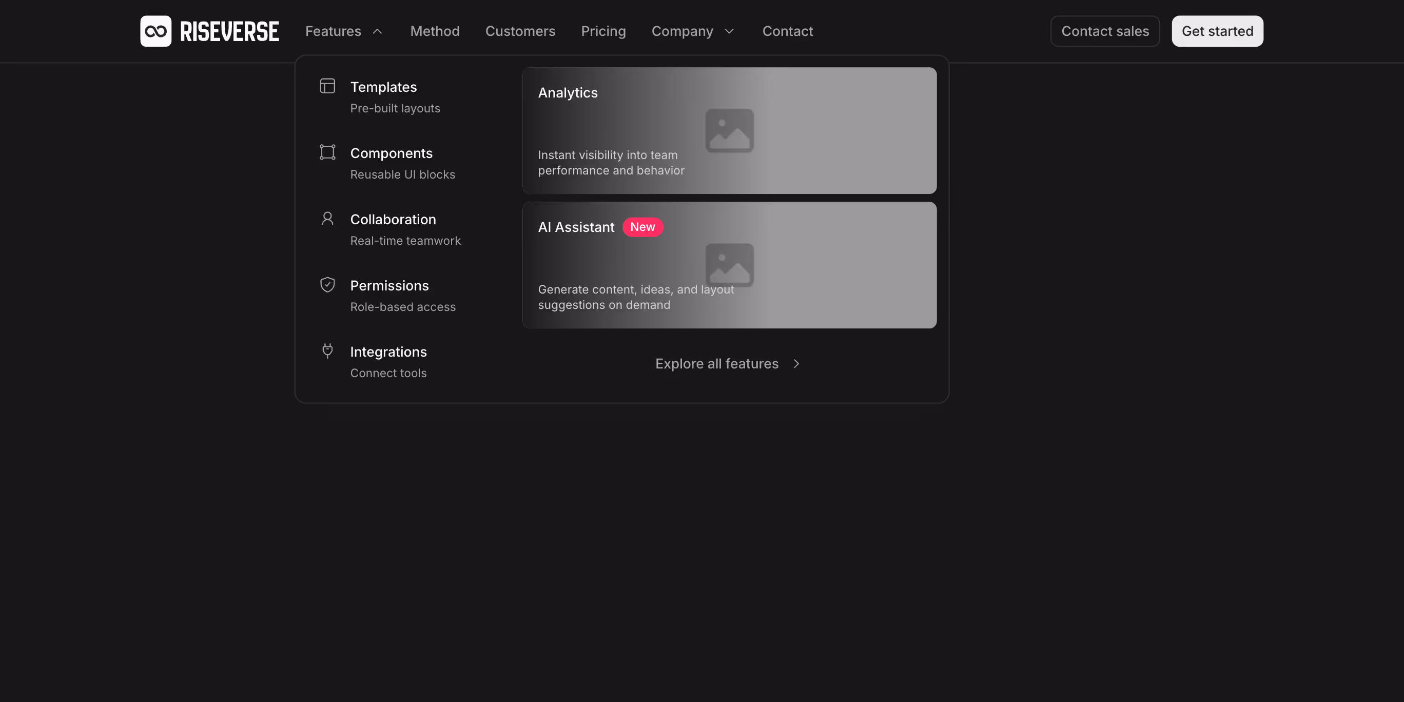 Navbar component with left-aligned logo and left-aligned menu links. Includes two 1-column and 2-column mega menus, featuring links with icon and description, and link cards with background images. On mobile, the navbar transitions into a full-height menu with grouped links. This is a premium, dark mode component, inspired by the Linear 2023 website navbar.