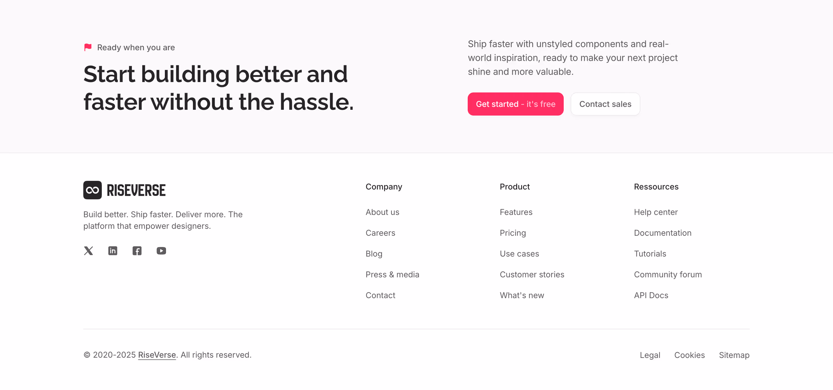 Footer component with a left-aligned brand block (logo, tagline, and social links) and a right-aligned 3-column menu. Includes a bottom legal section and a top 2-column call-to-action. This is a free, light mode component.