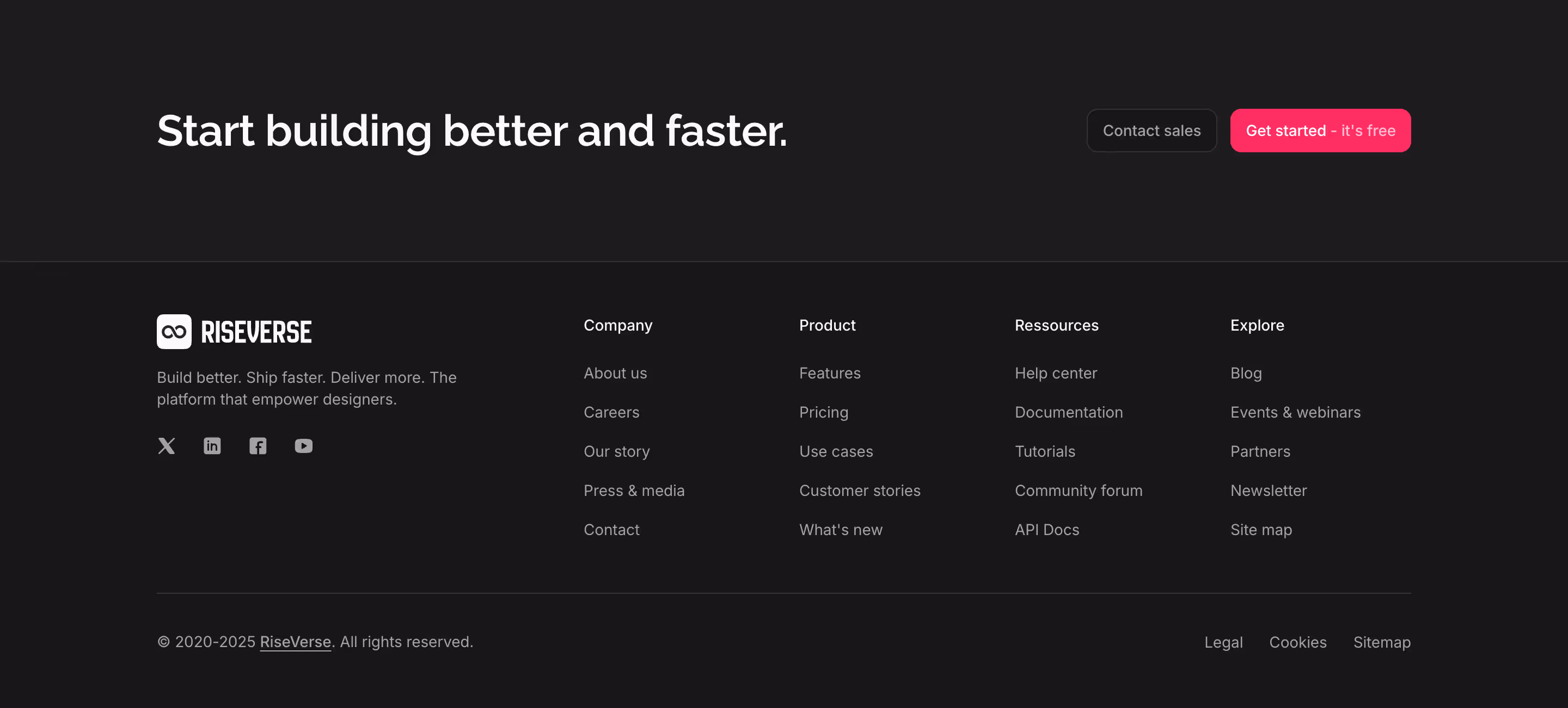Footer component with a left-aligned brand block (logo, tagline, and social links) and a right-aligned 4-column menu. Includes a bottom legal section and a top 2-column call-to-action. This is a premium, dark mode component.