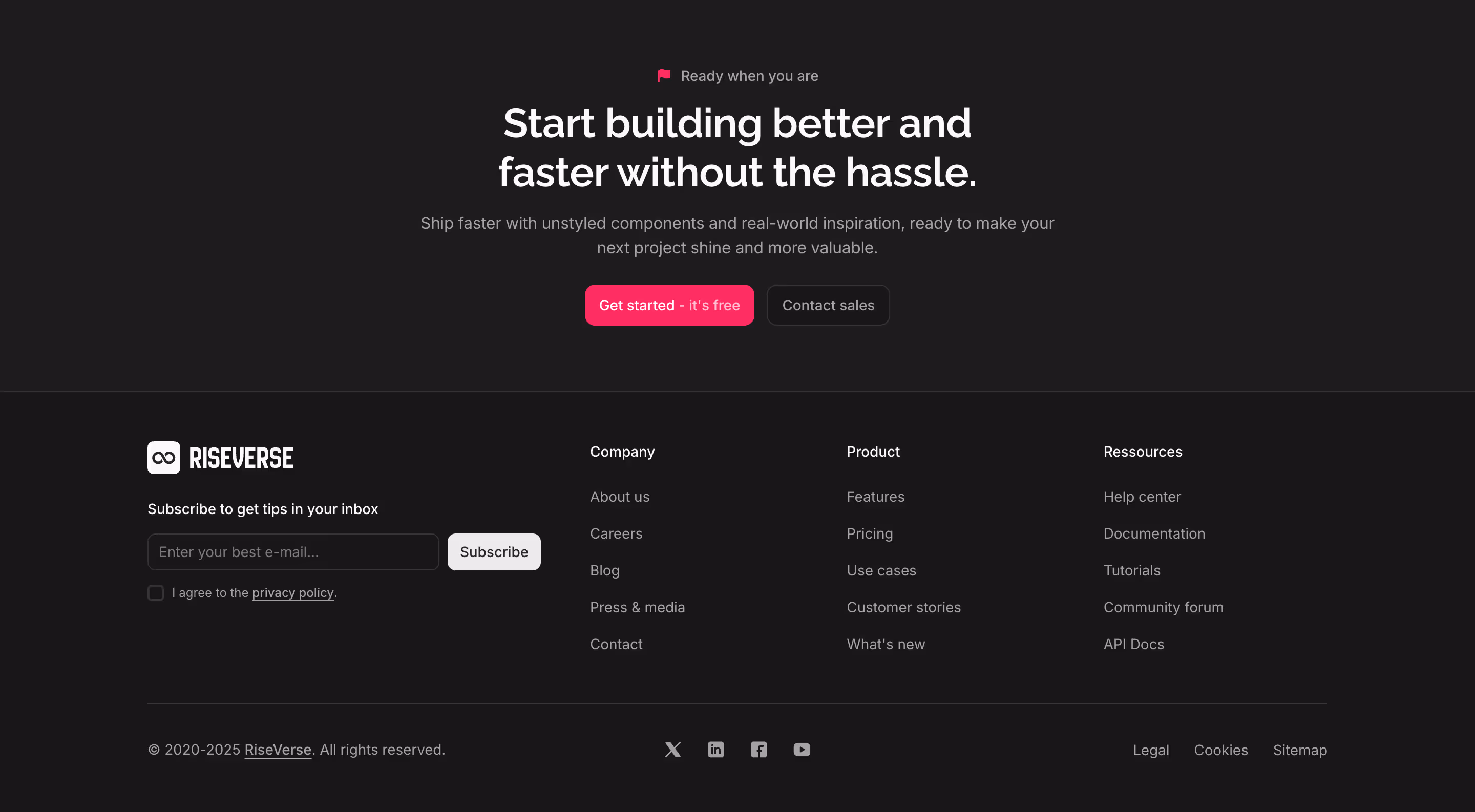 Footer component with a left-aligned newsletter form with logo and a right-aligned 3-column menu. Includes a bottom legal section with social links centered and a top 1-column centered call-to-action. This is a premium, dark mode component.