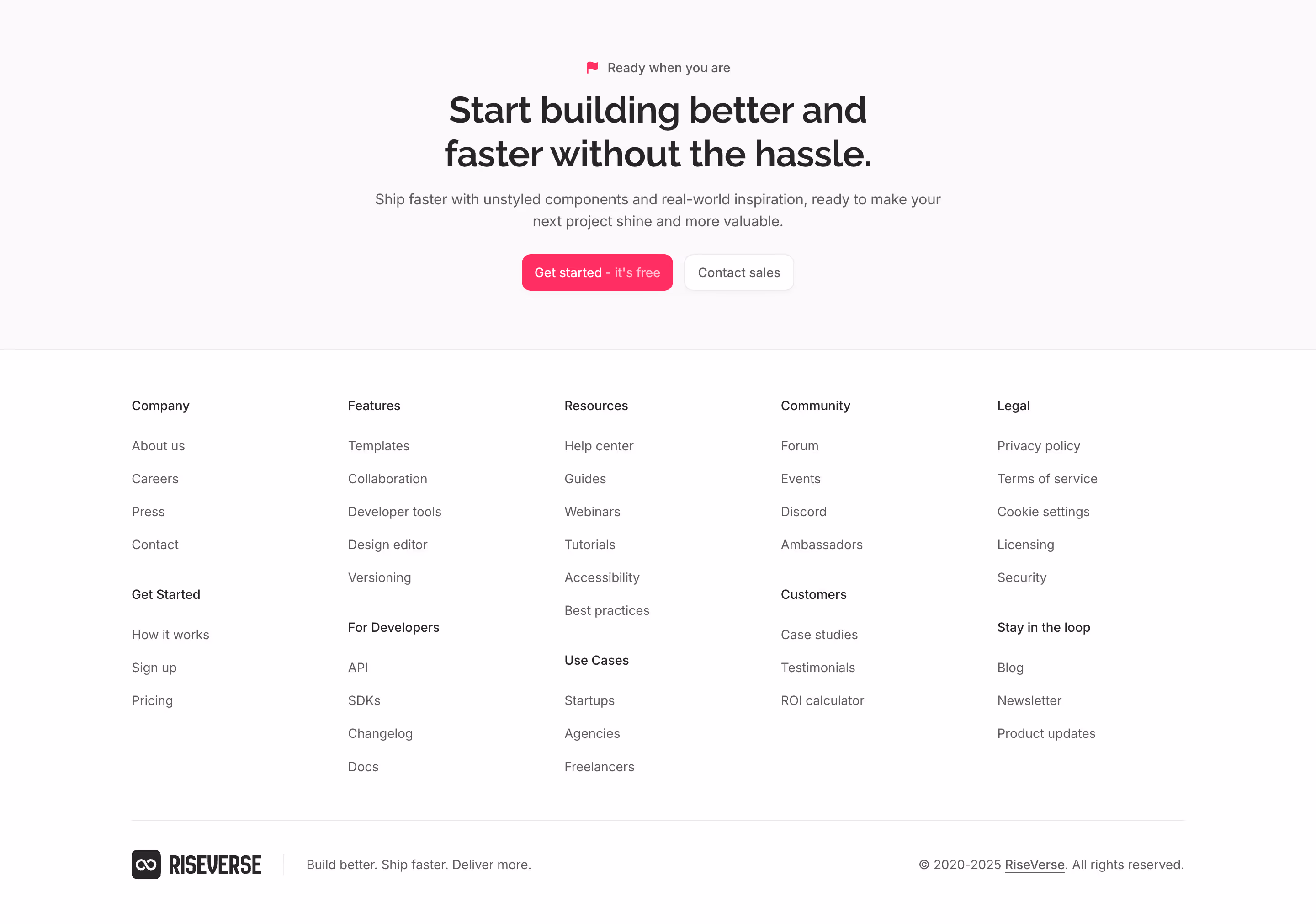 Footer component with a 5-column menu in a masonry grid. Includes a bottom legal section with the logo left-aligned and a top 1-column centered call-to-action. This is a free, light mode component.