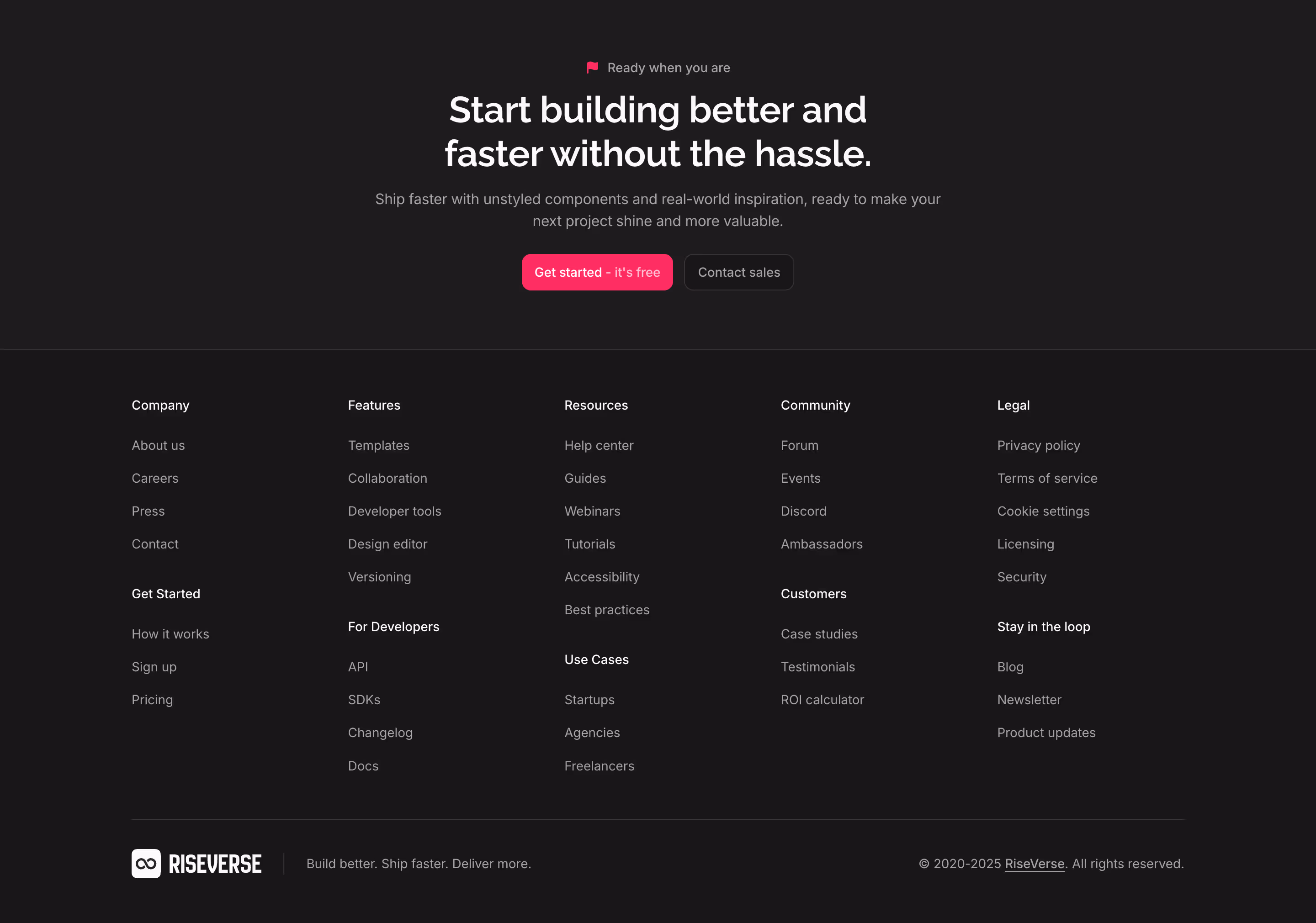 Footer component with a 5-column menu in a masonry grid. Includes a bottom legal section with the logo left-aligned and a top 1-column centered call-to-action. This is a premium, dark mode component.