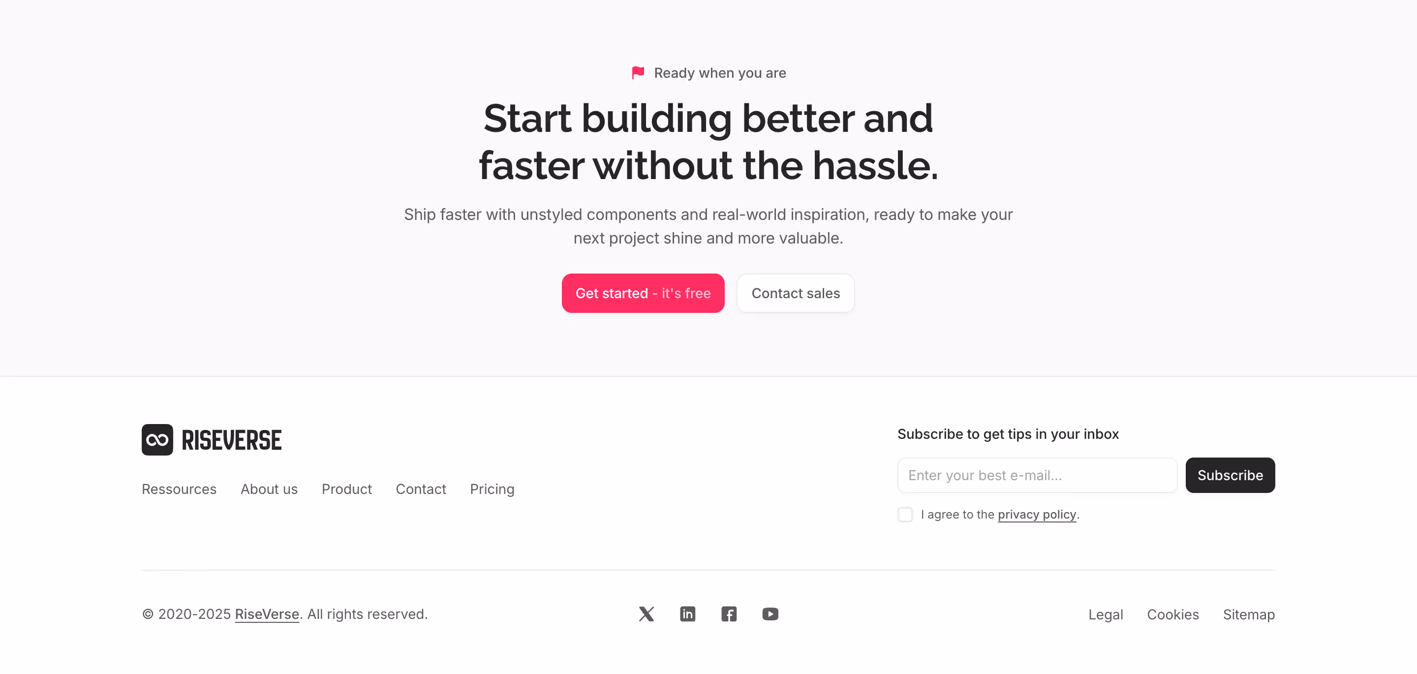 Footer component with a left-aligned menu with logo and right-aligned newsletter form. Includes a bottom legal section with social links centered and a top 1-column centered call-to-action. This is a free, light mode component.