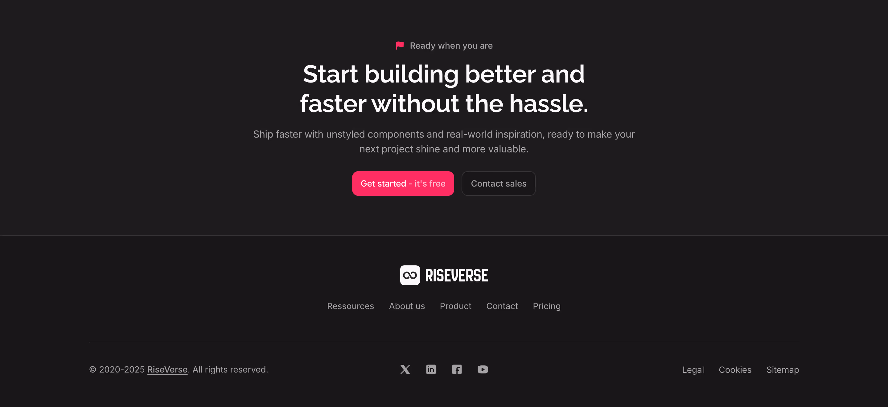 Footer component with a centered menu with logo. Includes a bottom legal section with social links centered and a top 1-column centered call-to-action. This is a premium, dark mode component.