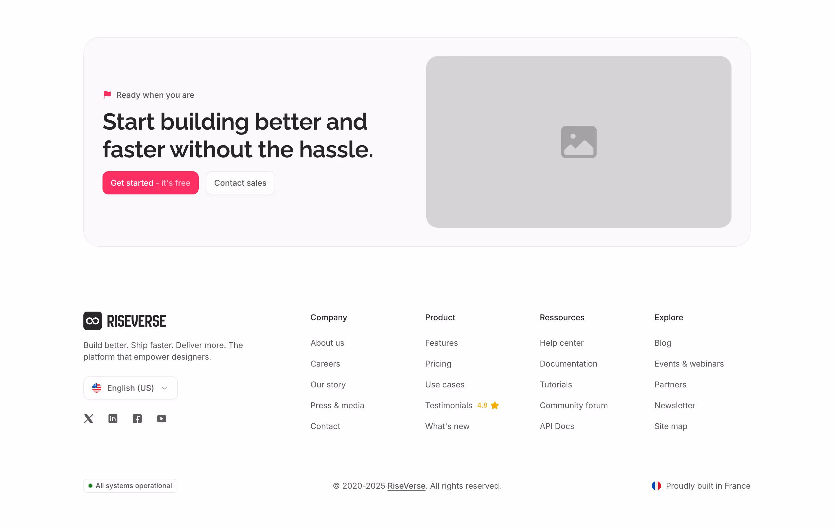 Footer component with a left-aligned brand block (logo, tagline, language selector, and social links) and a right-aligned 4-column menu. Includes a bottom legal section with a status tag left-aligned and a top 2-column card call-to-action with image. This is a premium, light mode component, inspired by the Crisp 2025 website footer.