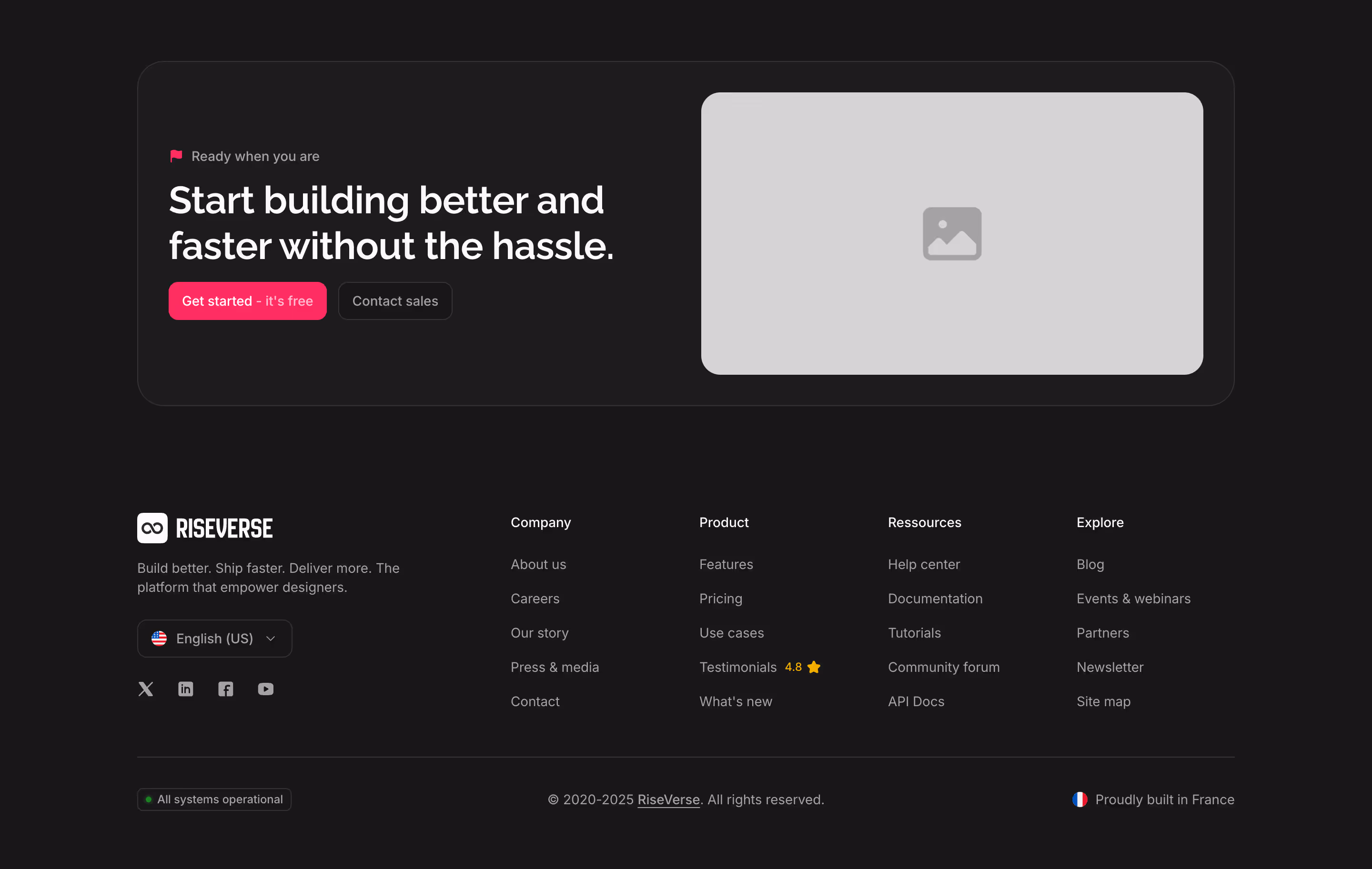 Footer component with a left-aligned brand block (logo, tagline, language selector, and social links) and a right-aligned 4-column menu. Includes a bottom legal section with a status tag left-aligned and a top 2-column card call-to-action with image. This is a premium, dark mode component, inspired by the Crisp 2025 website footer.