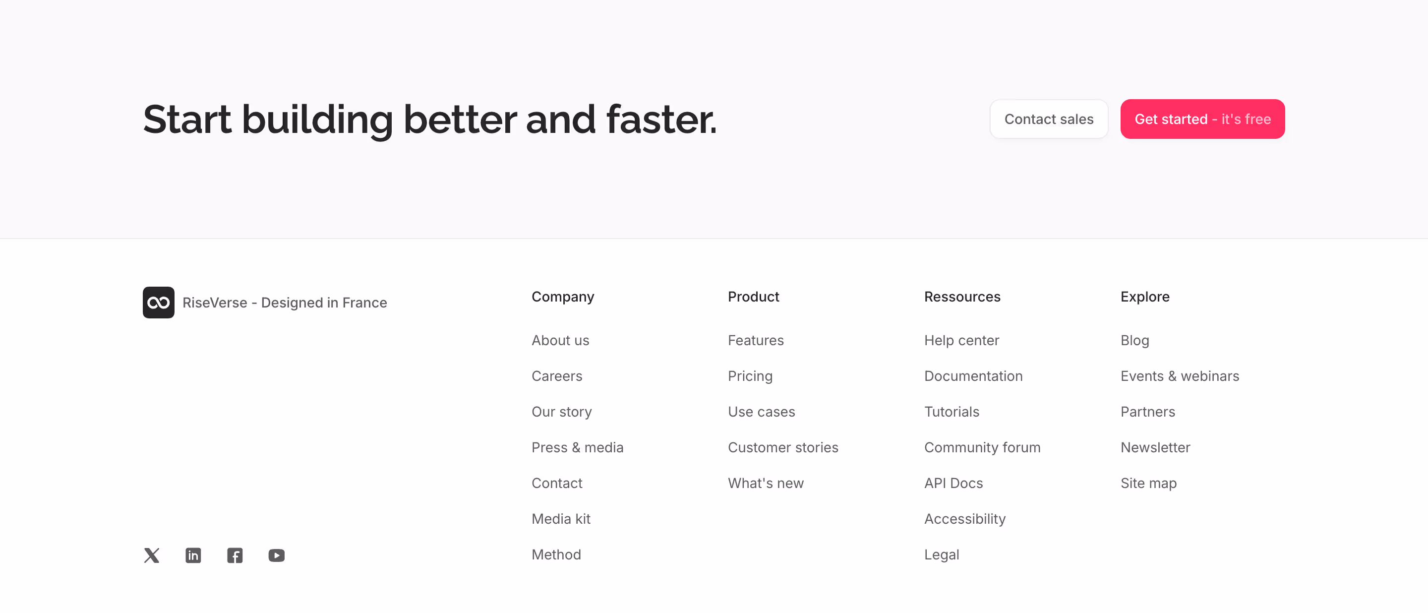 Footer component with a left-aligned brand block (logo, tagline and social links) and a right-aligned 4-column menu. Includes a top 2-column call-to-action. This is a premium, light mode component, inspired by the Linear 2024 website footer.