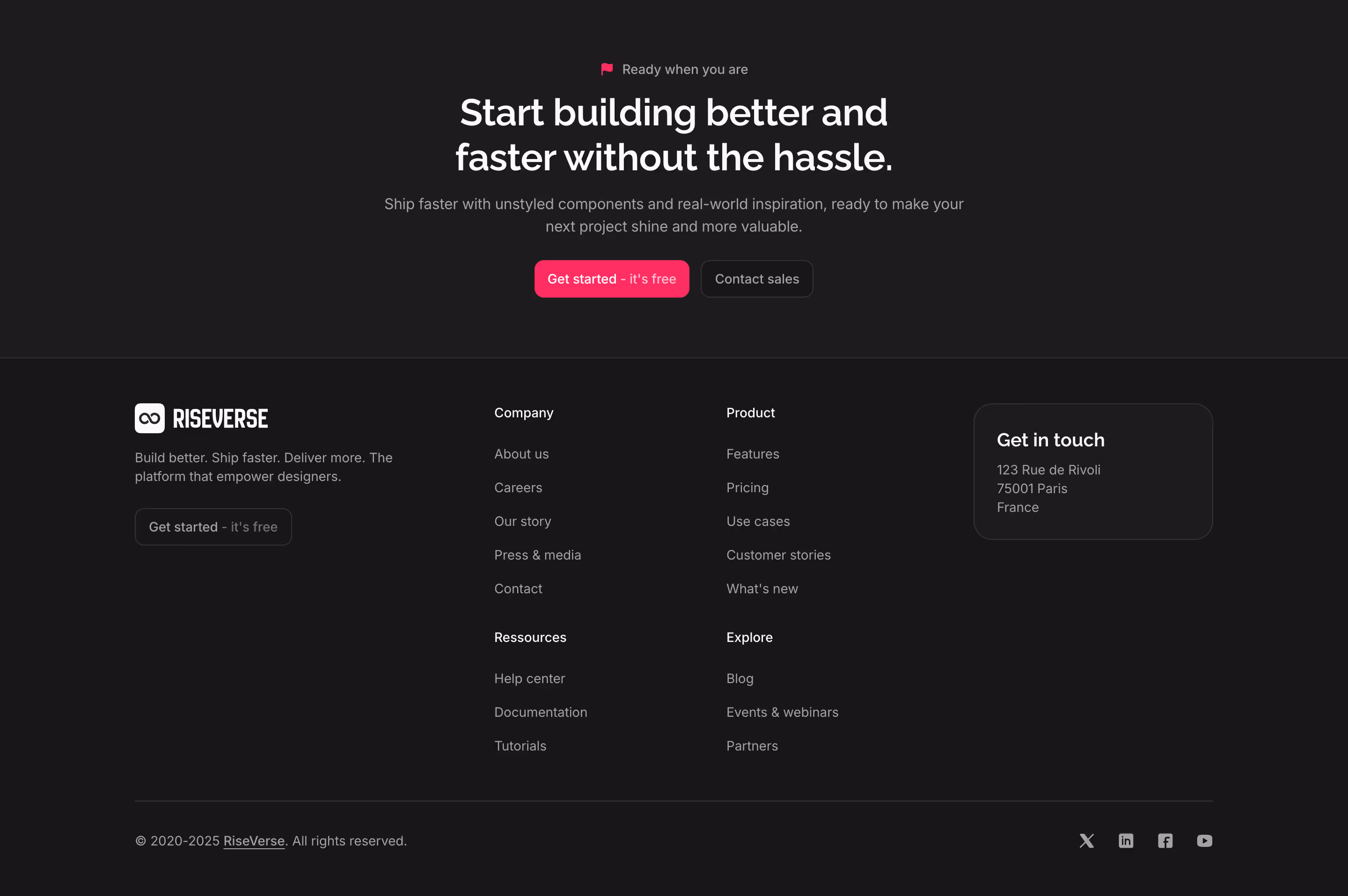 Footer component with a left-aligned brand block (logo, tagline and button), a centered 2-column 2-row menu and a right-aligned contact info card. Includes a bottom legal section with social links right-aligned and a top 1-column centered call-to-action. This is a premium, dark mode component, inspired by the Wope 2025 website footer.