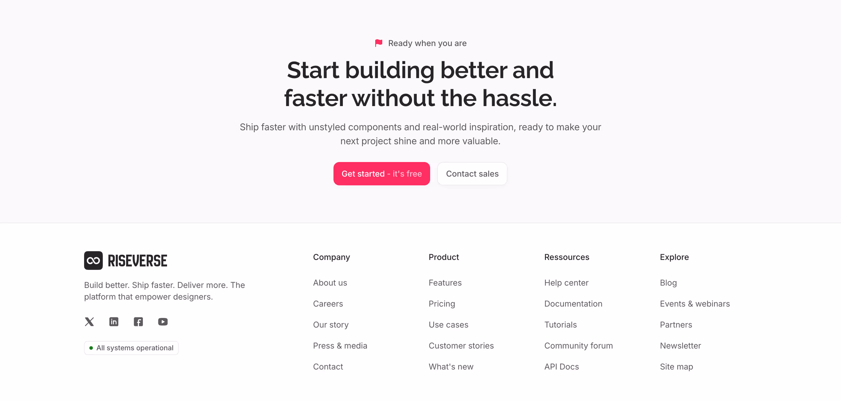 Footer component with a left-aligned brand block (logo, tagline, social links and status tag) and a right-aligned 4-column menu. Includes a top 1-column centered call-to-action. This is a premium, light mode component, inspired by the Openlayer 2025 website footer.