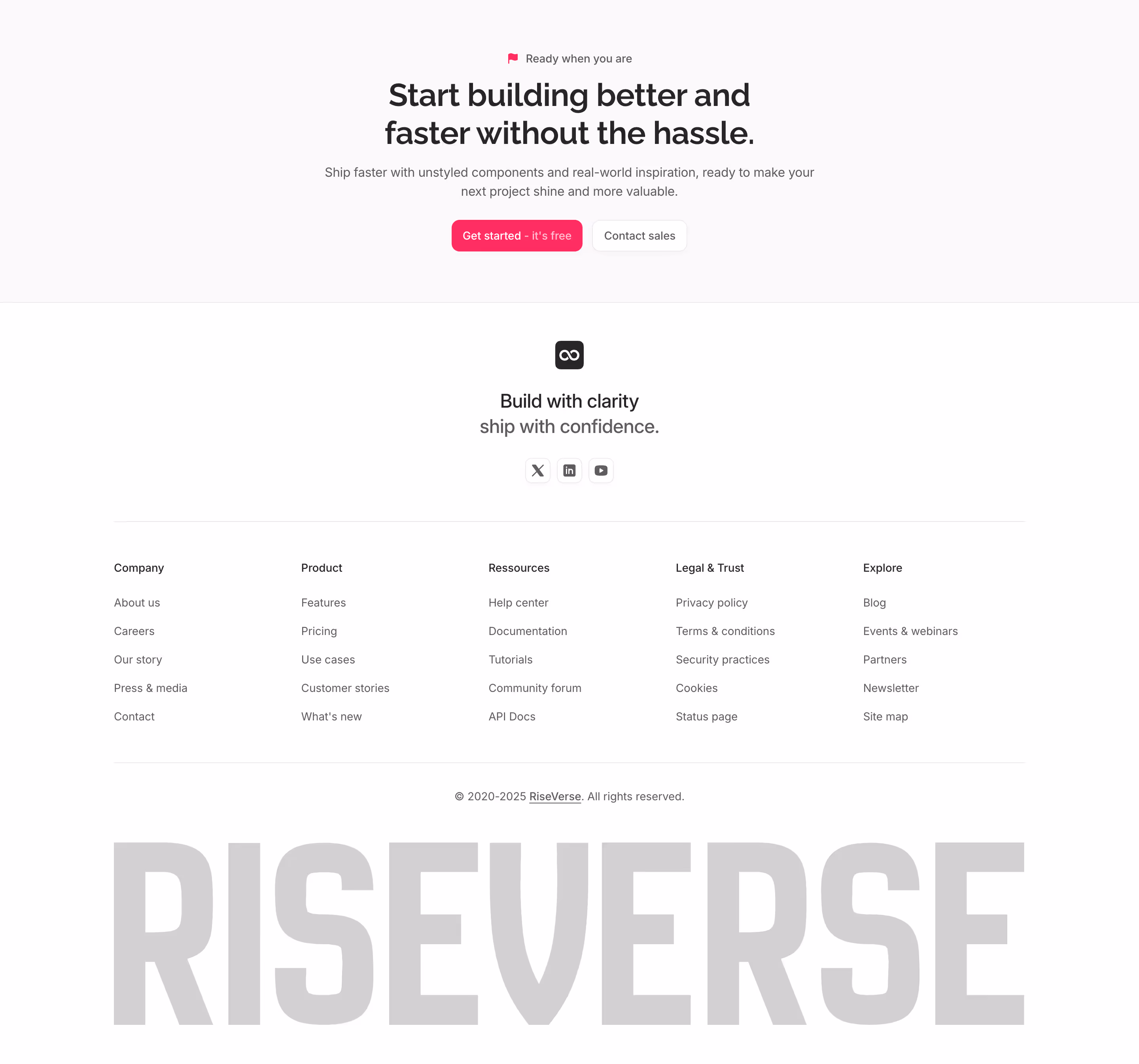 Footer component with a top brand block (logo, tagline and social links) and a 5-column menu. Includes a bottom legal section with huge word mark and top 1-column centered call-to-action. This is a premium, light mode component, inspired by the AlignUI 2025 website footer.