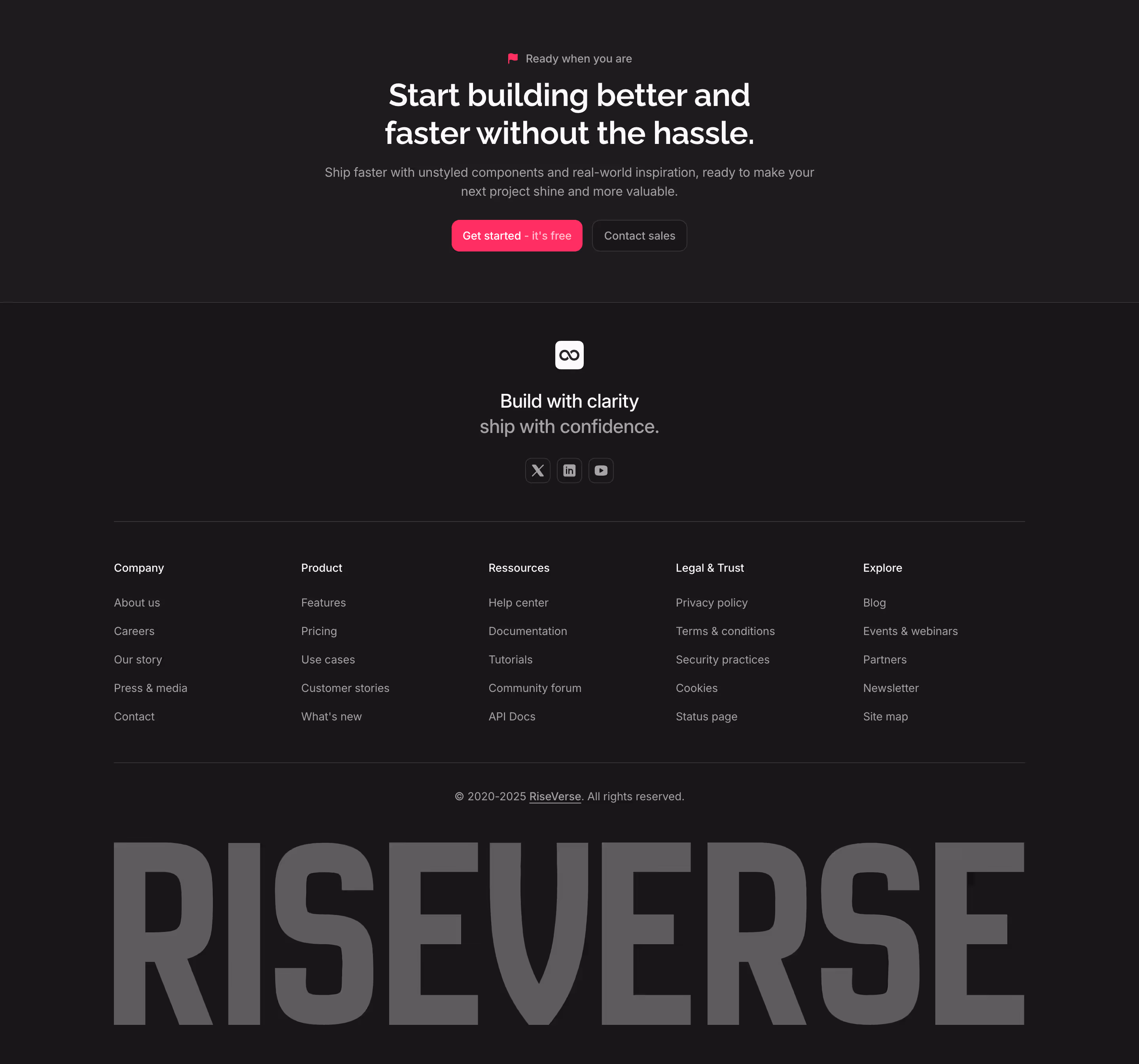 Footer component with a top brand block (logo, tagline and social links) and a 5-column menu. Includes a bottom legal section with huge word mark and top 1-column centered call-to-action. This is a premium, dark mode component, inspired by the AlignUI 2025 website footer.