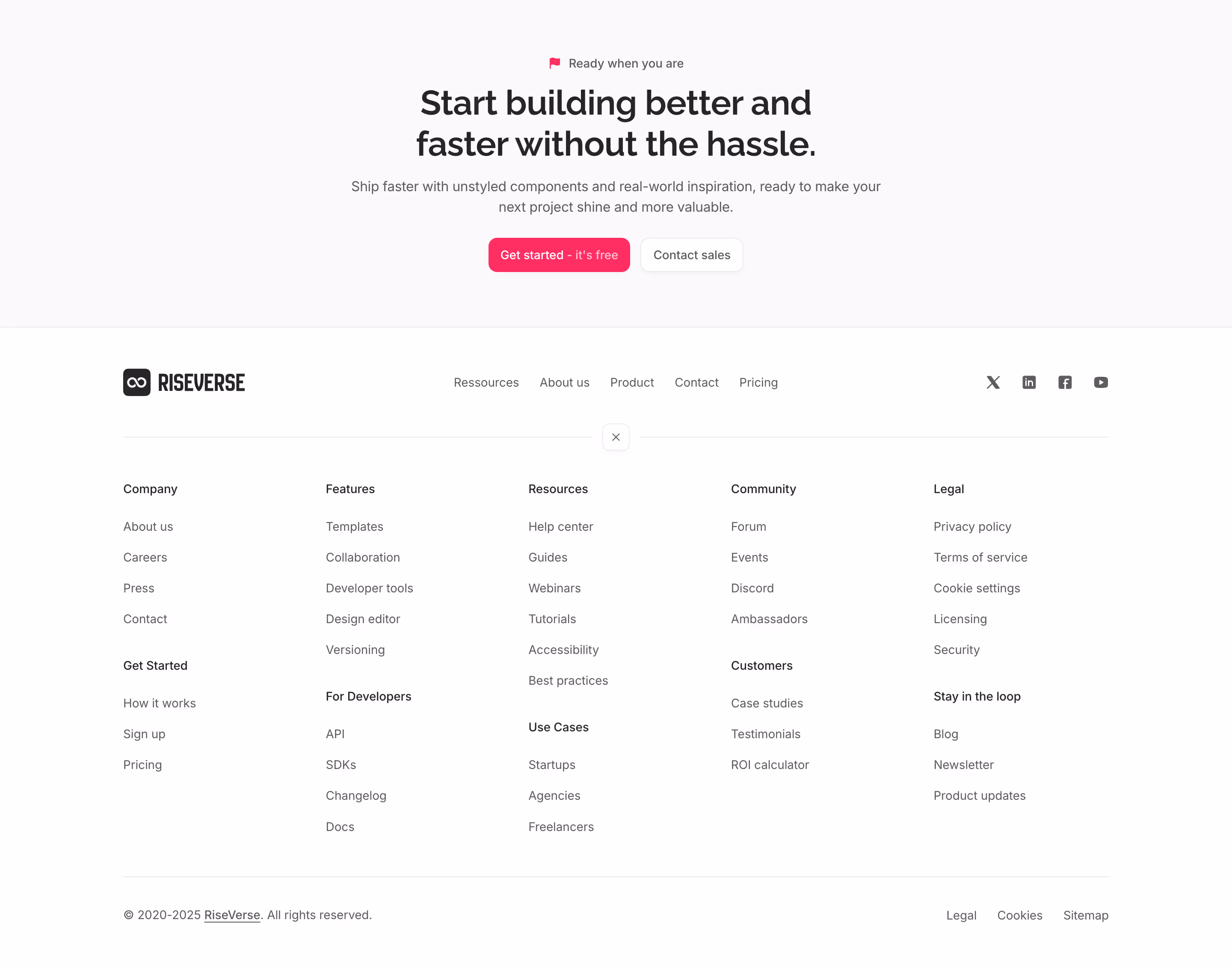 Footer component with a centered menu, left-aligned logo and right-aligned social links. Includes an expandable 5-column menu in a masonry grid, a bottom legal section and top 1-column centered call-to-action. This is a premium, light mode component.