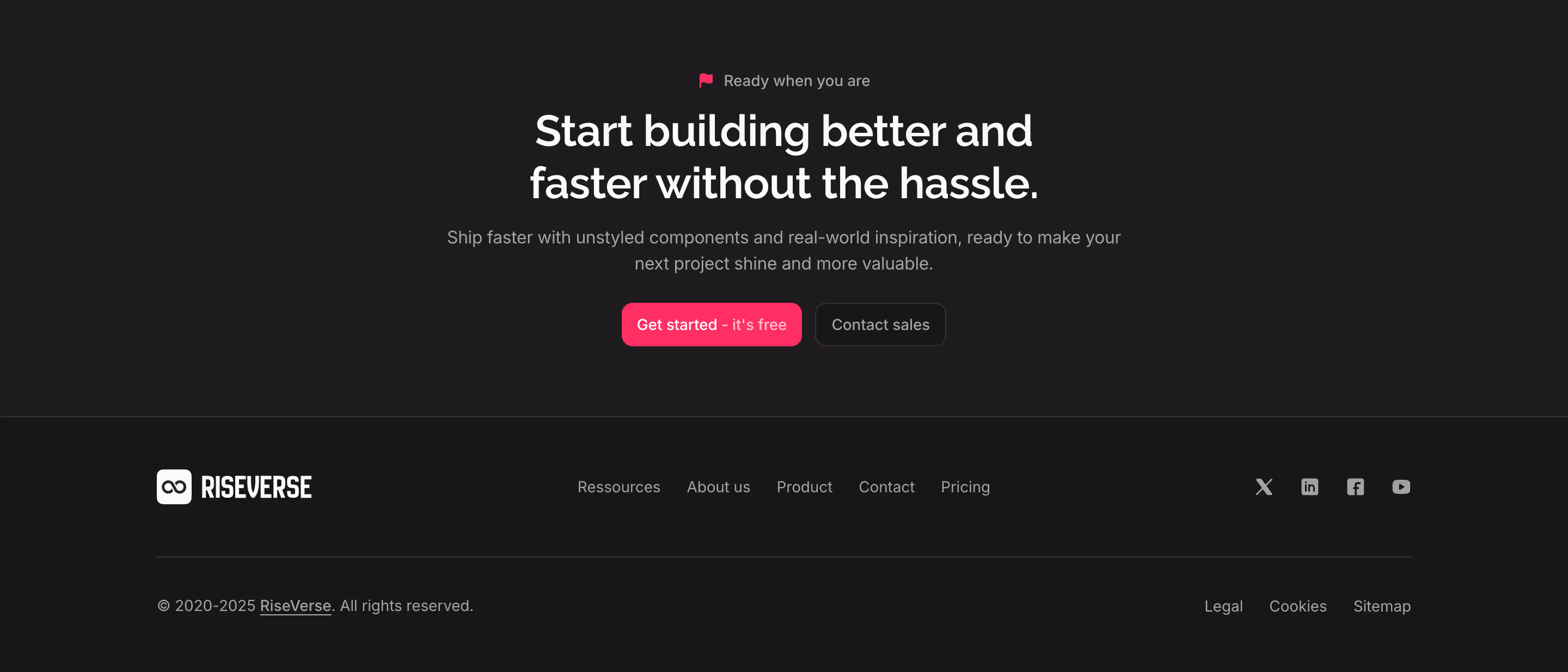 Footer component with a centered menu, left-aligned logo and right-aligned social links. Includes a bottom legal section and a top 1-column centered call-to-action. This is a premium, dark mode component.