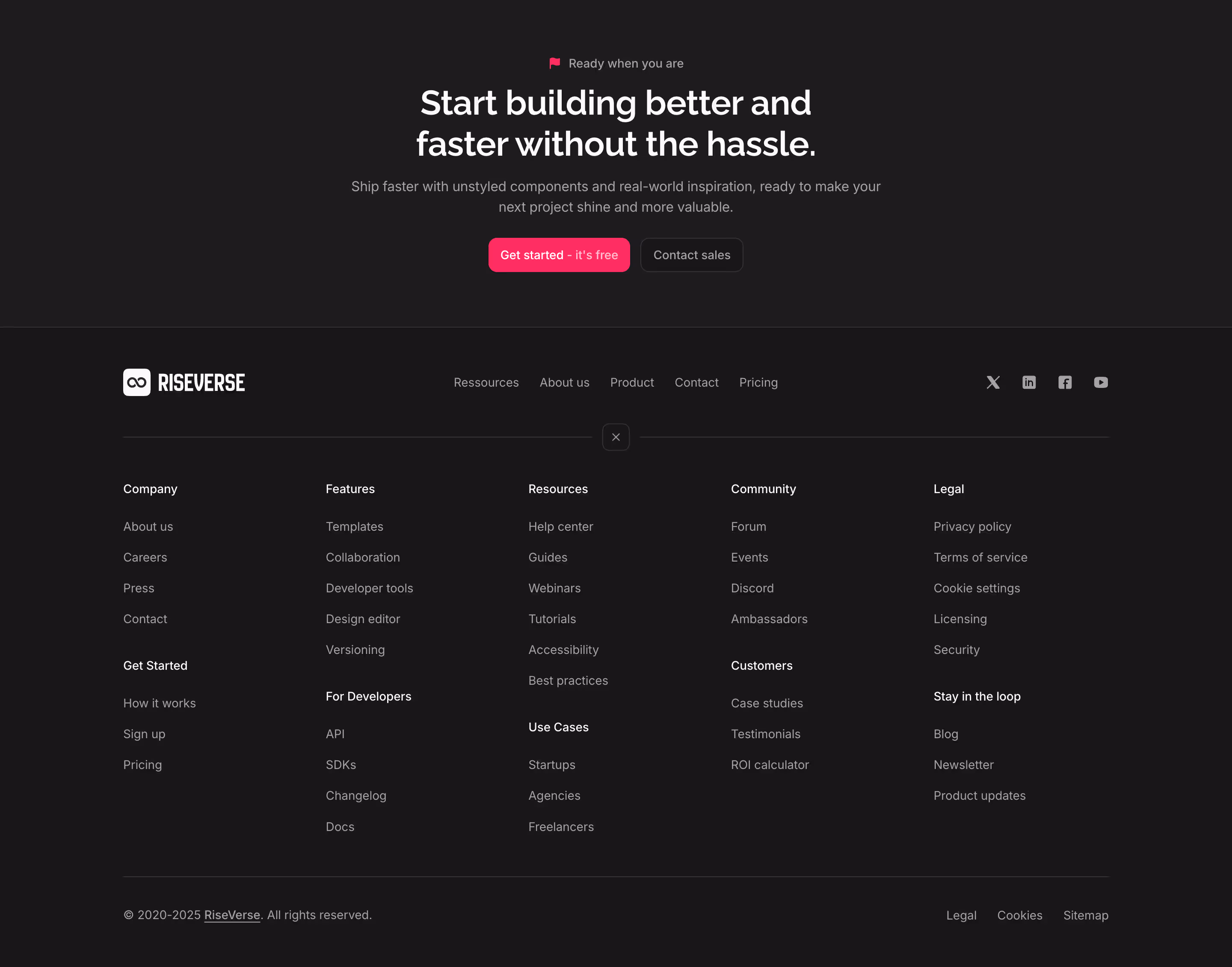 Footer component with a centered menu, left-aligned logo and right-aligned social links. Includes an expandable 5-column menu in a masonry grid, a bottom legal section and top 1-column centered call-to-action. This is a premium, dark mode component.