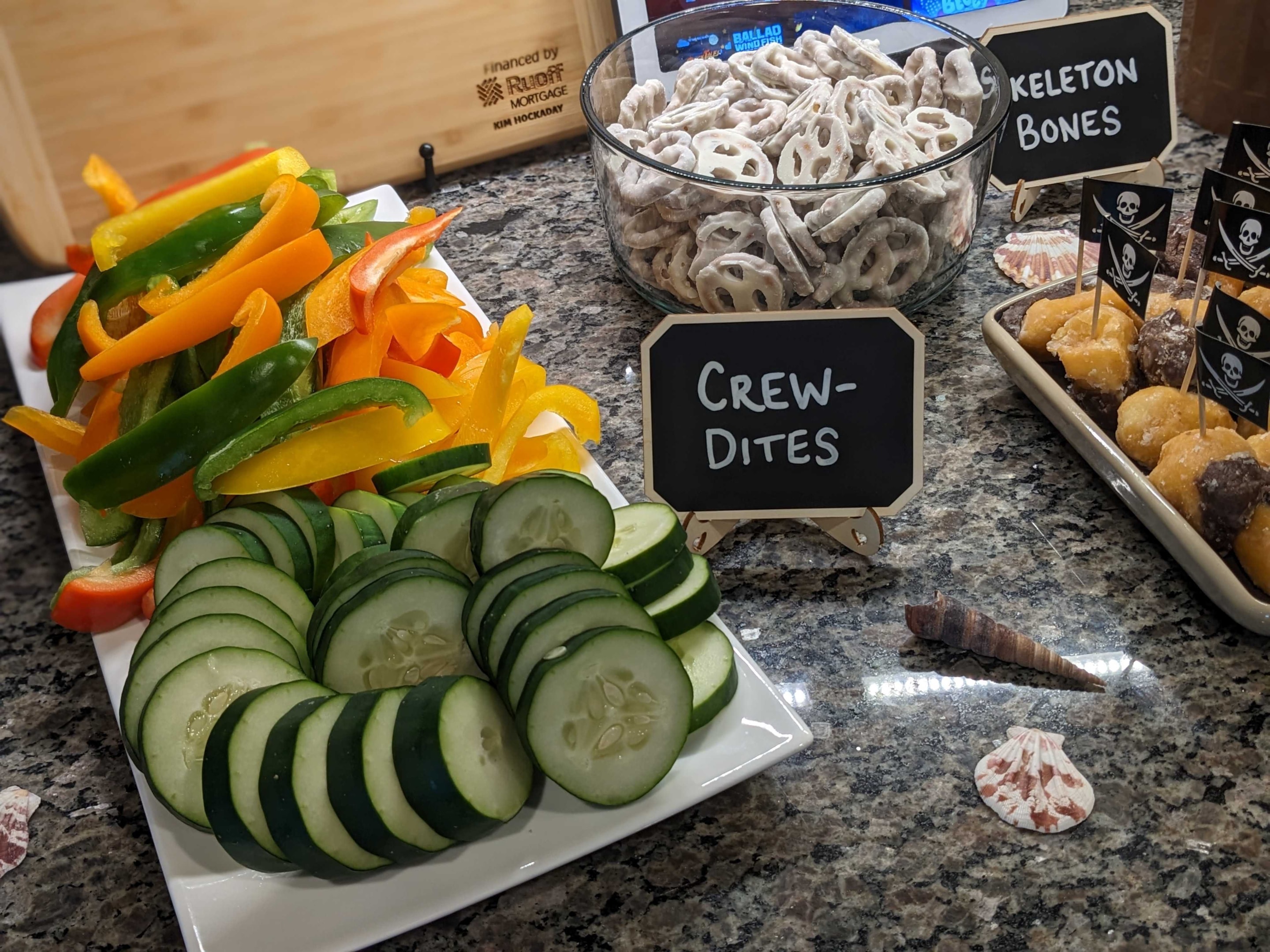 Pirate-themed finger foods with labels