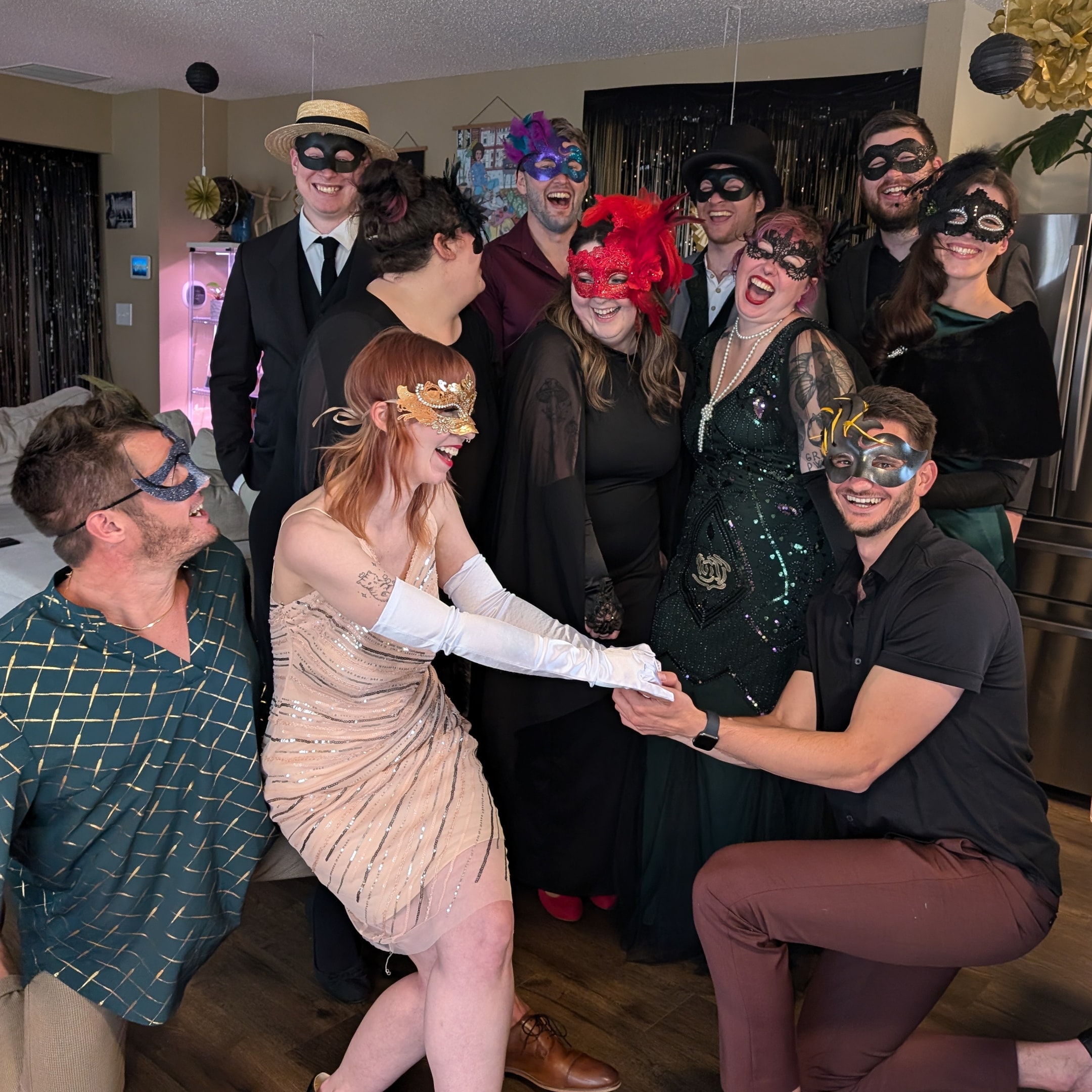 Game night guests in masquerade costumes