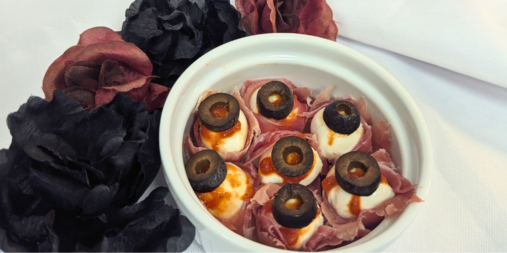 Halloween mozzarella ball appetizers