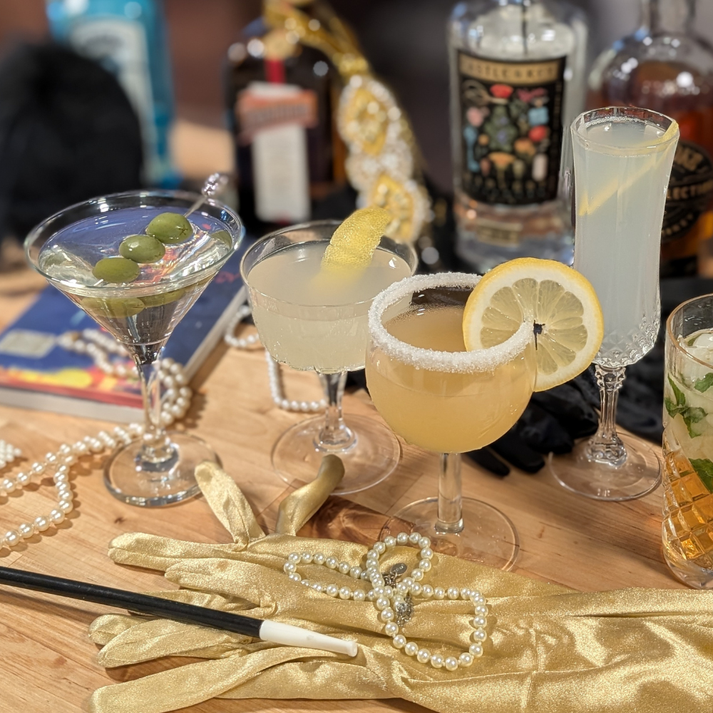 Fancy cocktails with 1920s party props