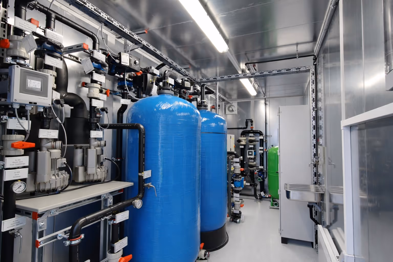 Industrial water treatment room with large blue and green cylindrical tanks, black piping, control valves, and equipment inside a metallic container.