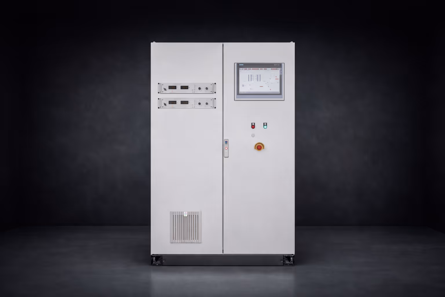 Industrial control panel cabinet with digital meters, touchscreen display, indicator lights, and emergency stop button.