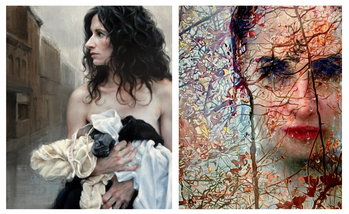 Left: A classical style painting depicts a person holding a clothing, looking thoughtful, against an…