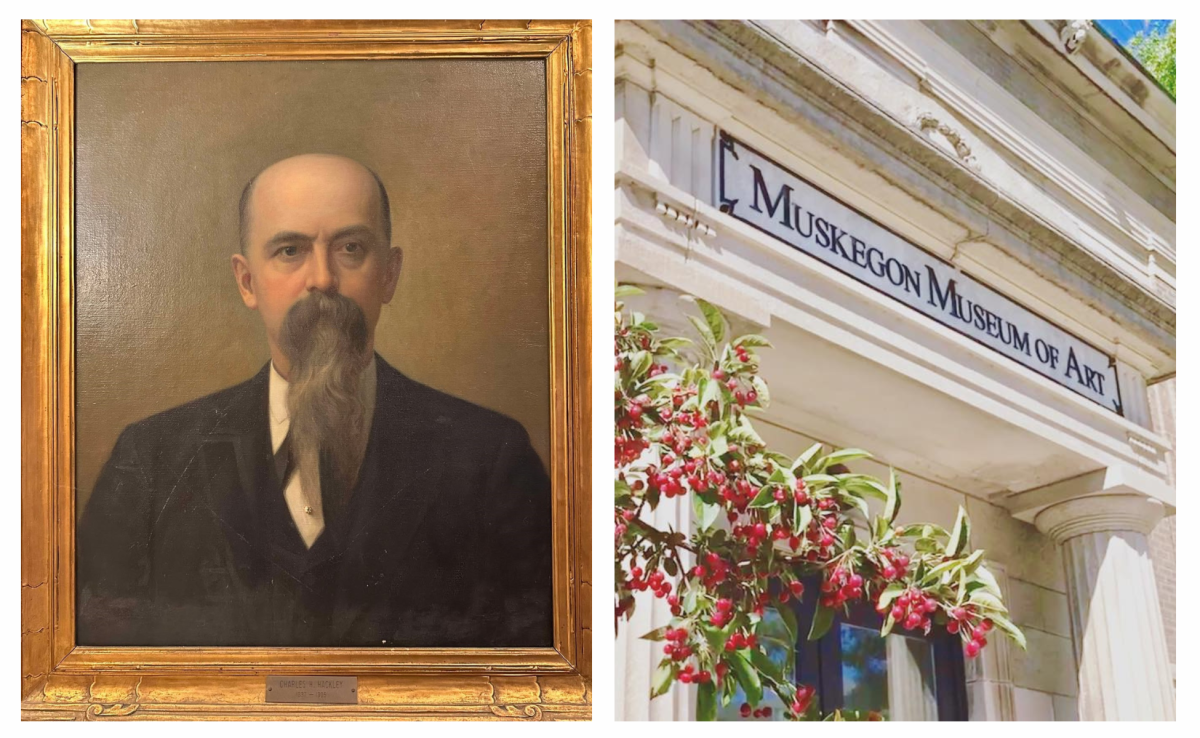Portrait of an Charles Hackley in a golden frame, displayed at the Hackley Public Library, next to a…