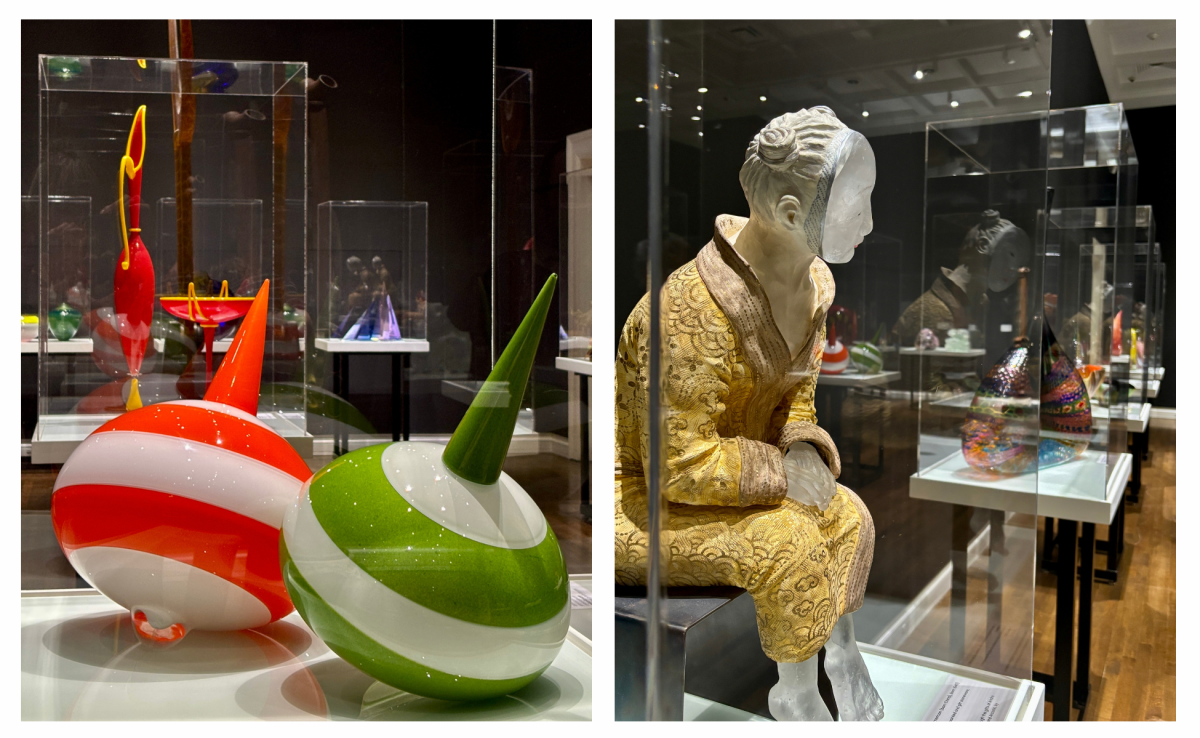 Exhibit at Muskegon museum of art featuring colorful, abstract glass sculptures on the left, and a d…