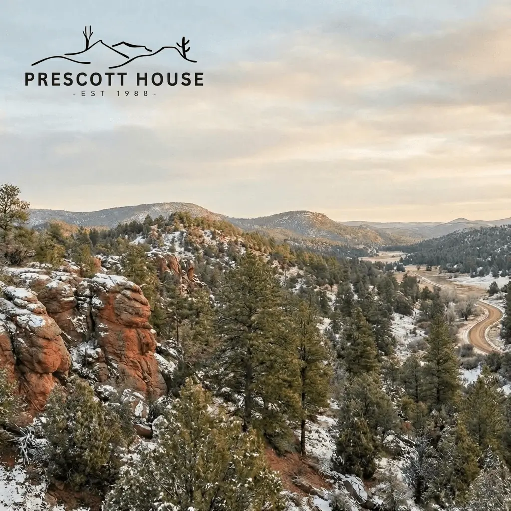 Prescott House in the snow, with Arizona mountains behind