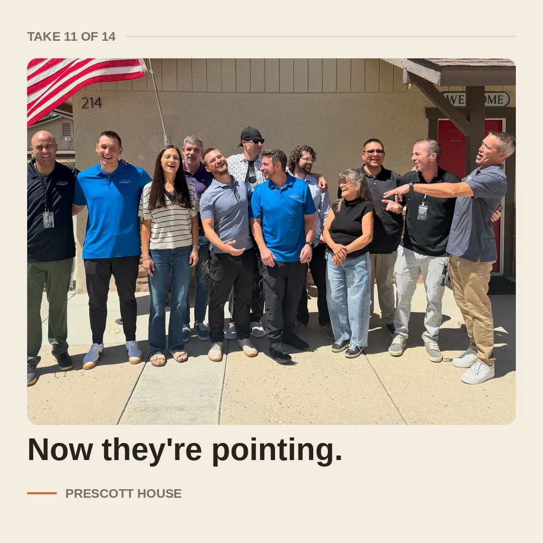 Take 11 of the Prescott House team photo - now they are pointing