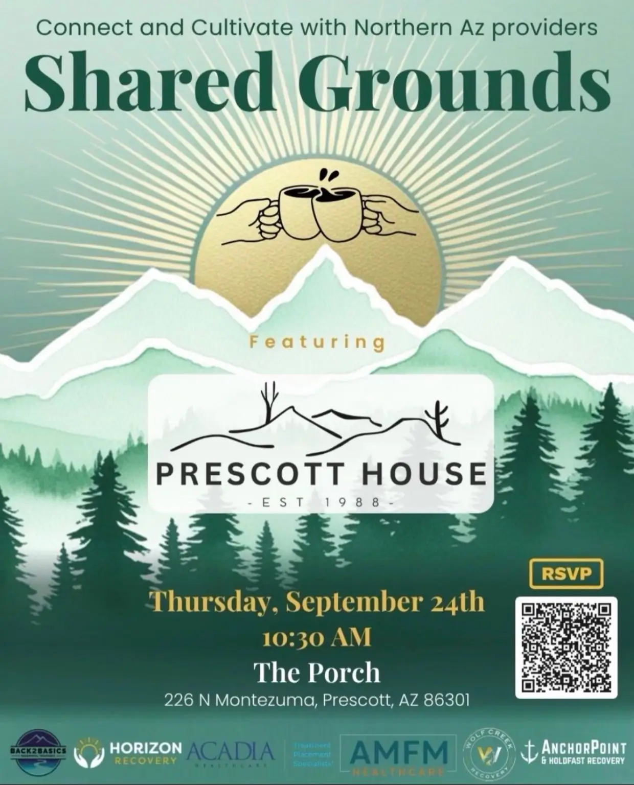 Shared Grounds provider coffee meetup flyer featuring Prescott House