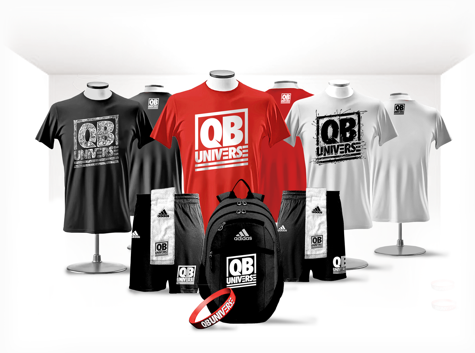 QB Universe gear pack, including 3 QBU tees, 2 QBU shorts, 1 QBU backpack, 1 QBU quarterback towel, and one red rubber QBU wristband