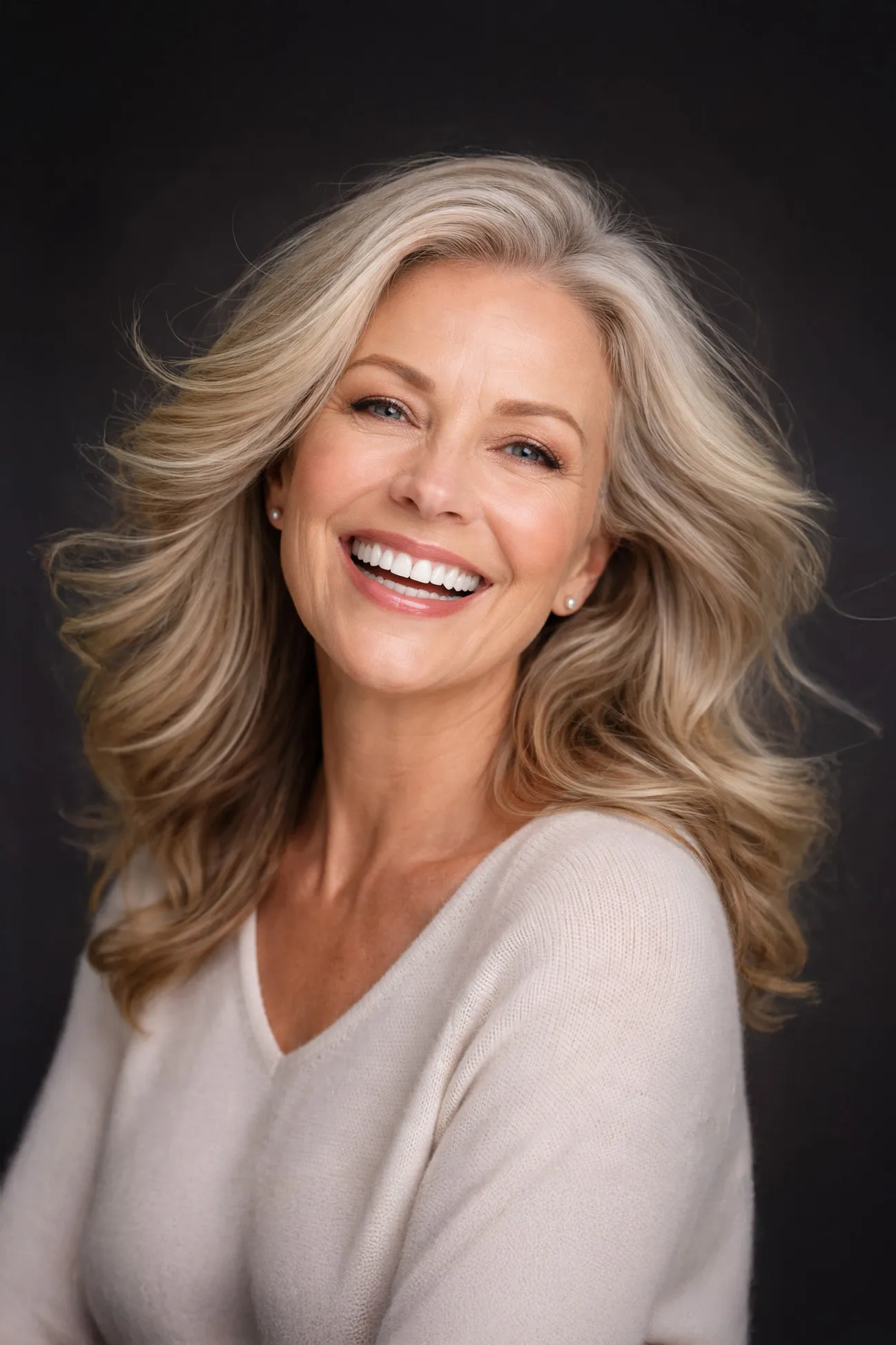 Smiling middle-aged woman with long wavy blonde hair wearing a light beige sweater against a dark background.