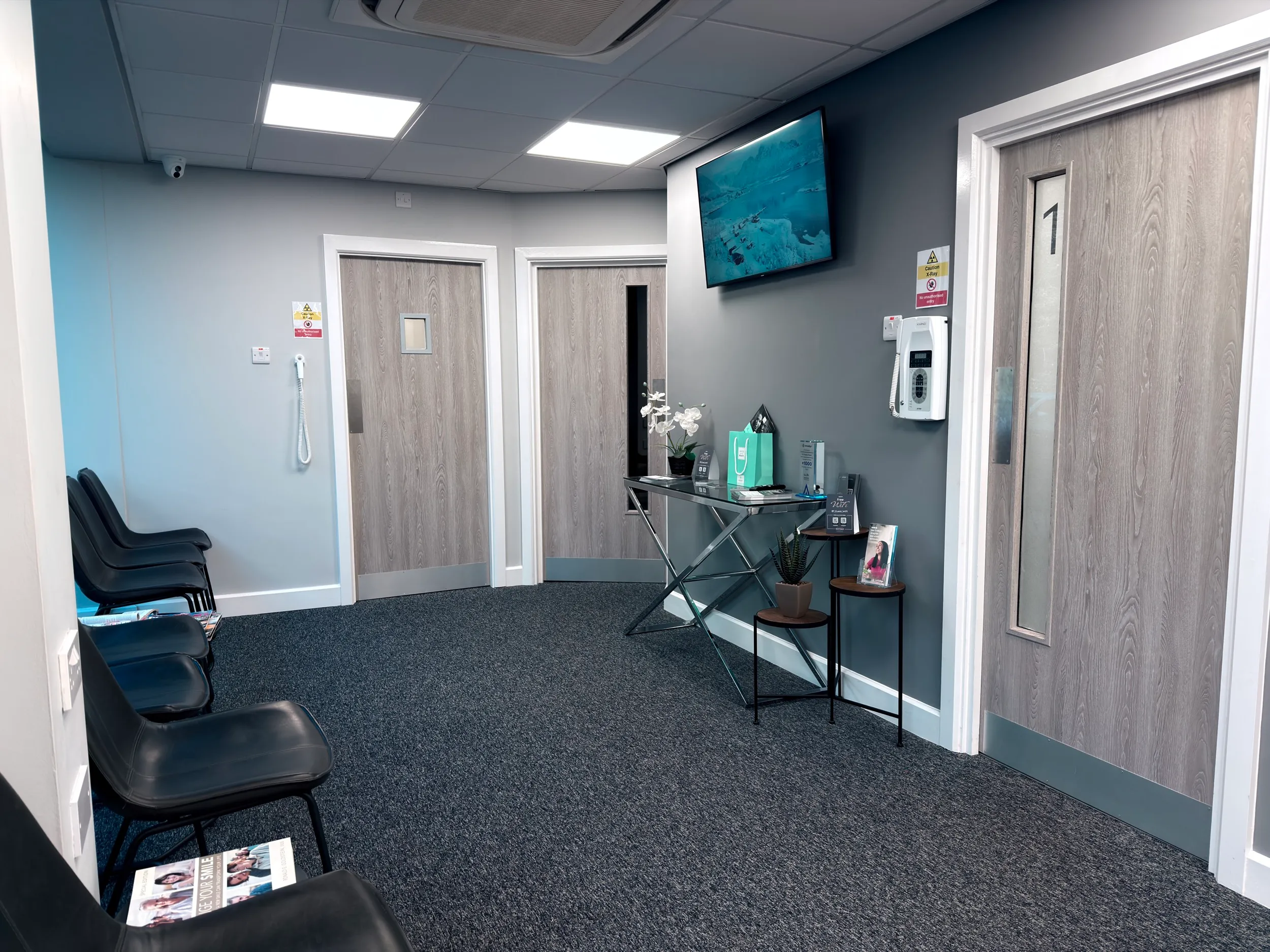 Modern waiting room with black chairs, wood-paneled doors, a TV on the wall, and a glass table displaying brochures and plants.