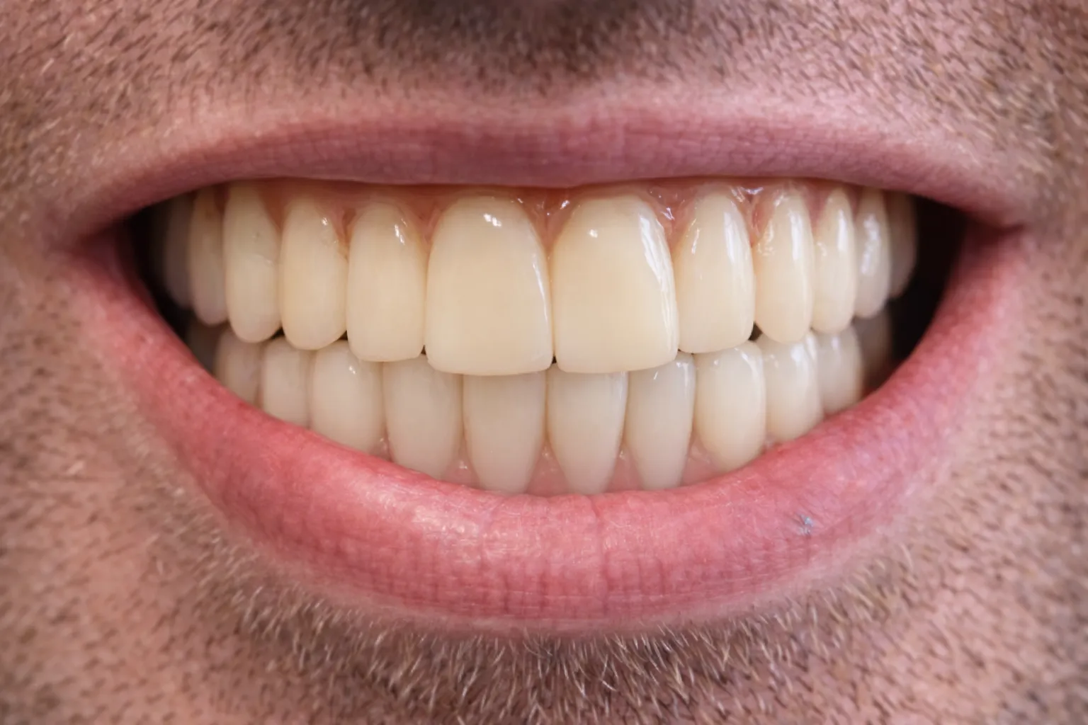 Close-up of a man's smile showing clean, well-aligned teeth and light facial stubble.