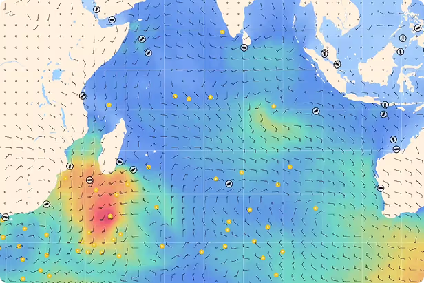 Weather map showing wind patterns and intensity over the western Indian Ocean near Madagascar and the eastern coast of Africa, with colored heat spots indicating varying wind speeds.