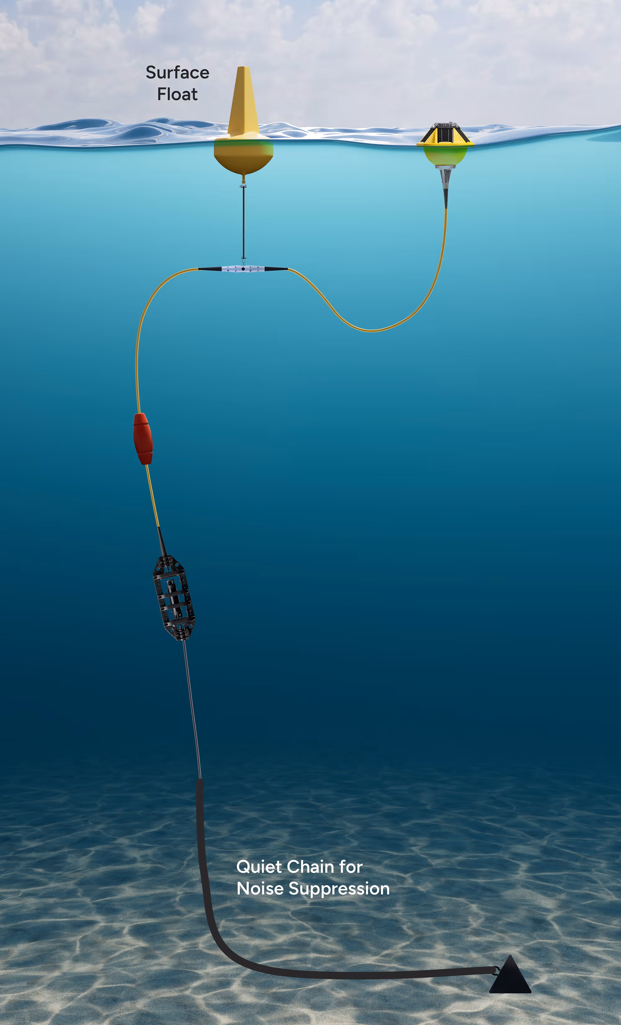 Underwater view of a surface float connected by cables and a quiet chain anchored to the seabed for noise suppression.