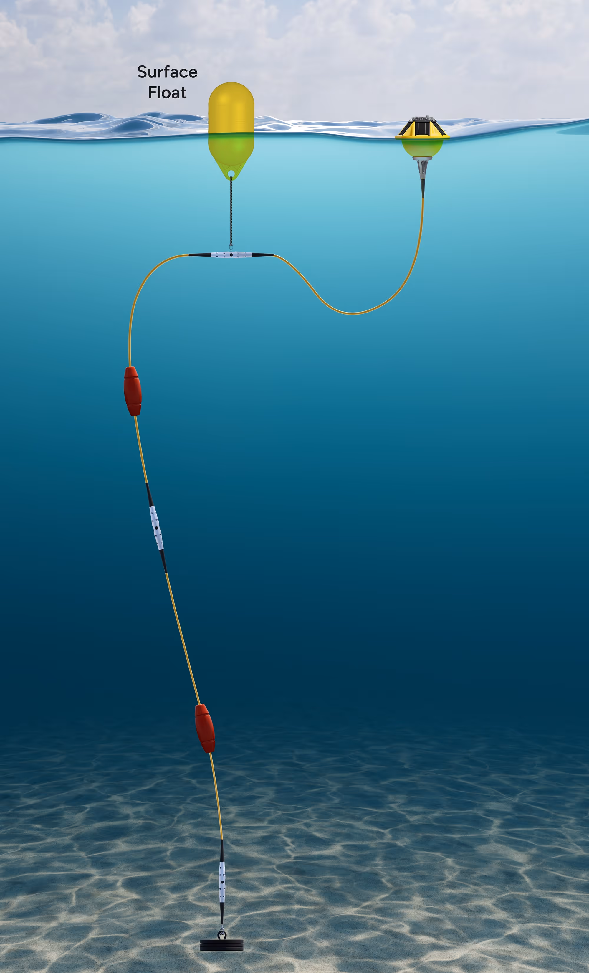 Underwater illustration of a scientific measuring device anchored to the ocean floor with a yellow surface float and connected sensors along a cable.