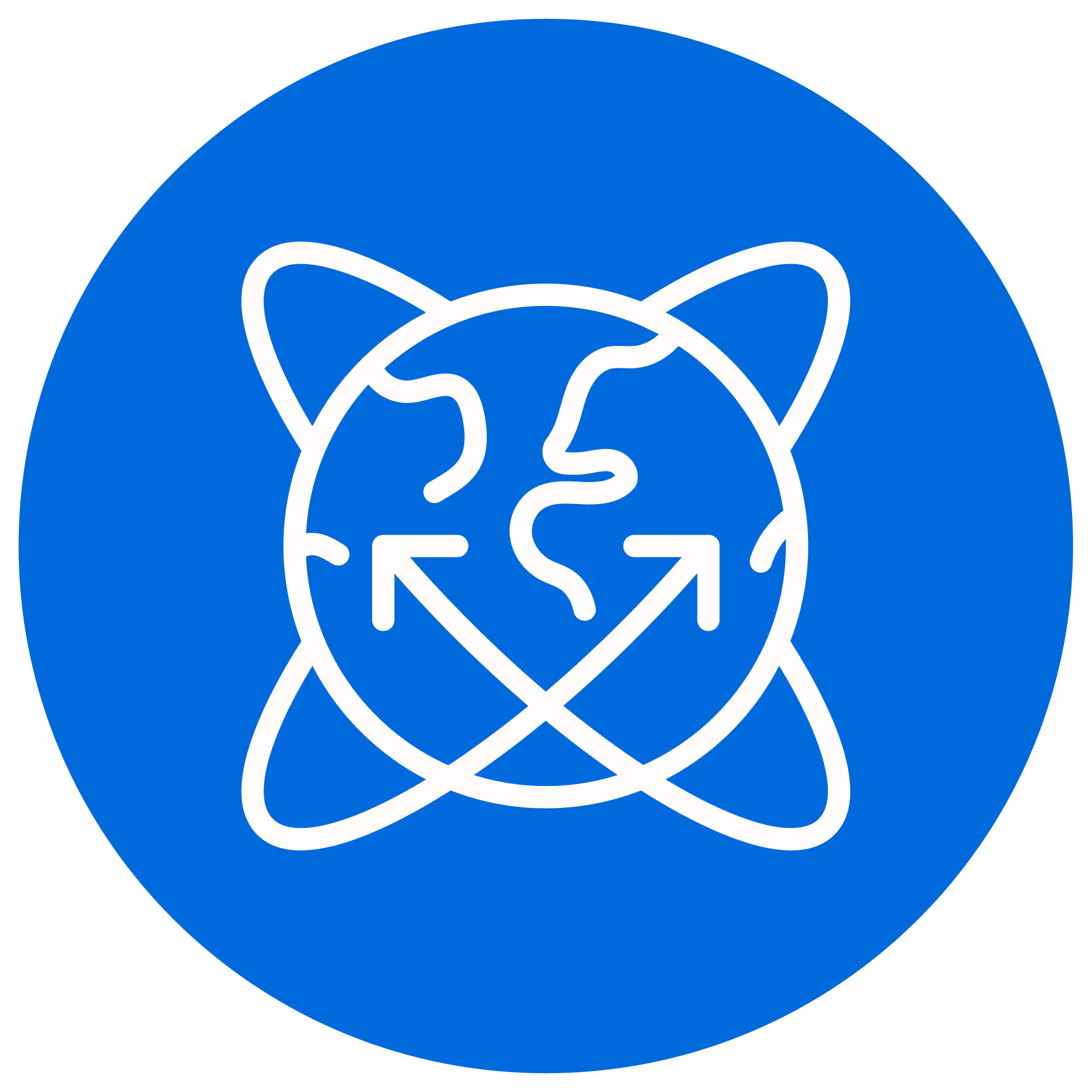 Icon of a globe with simplified continents and two crossing arrows pointing left and right inside a blue circular background.