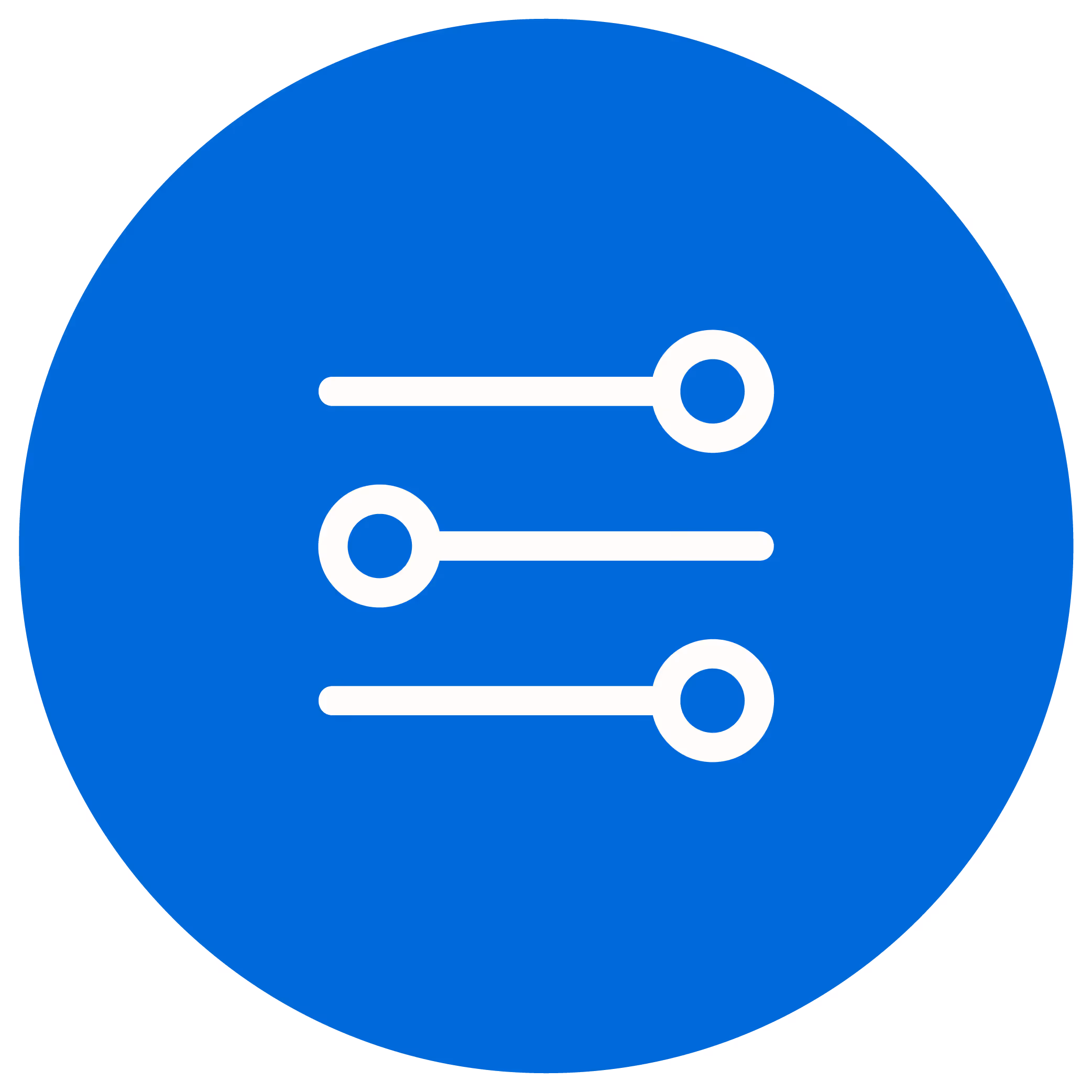 White horizontal sliders icon with three adjustment bars on a blue circular background.