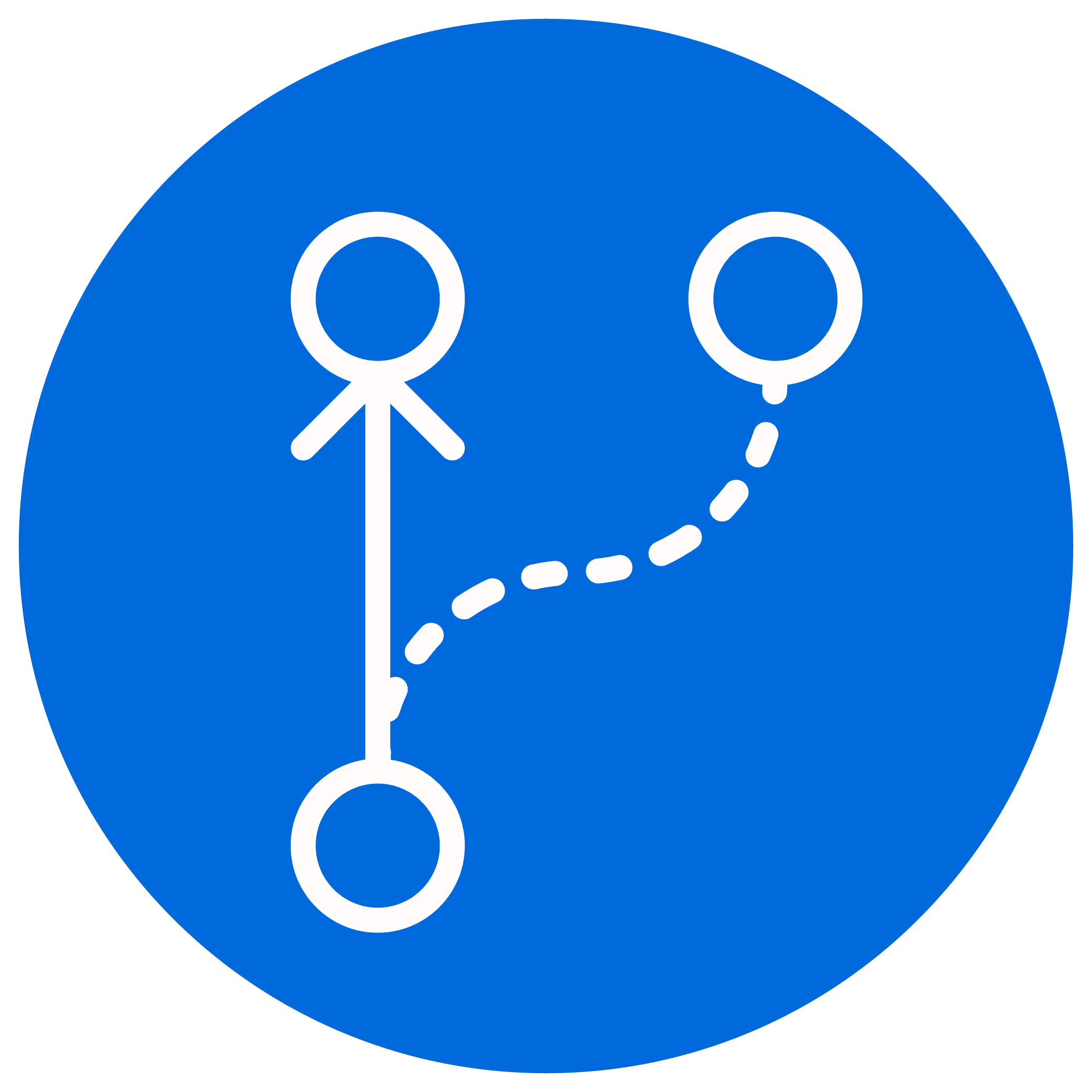 White navigation route icon with two circles connected by a solid line and a third circle connected by a dashed curved line, on a blue circular background.