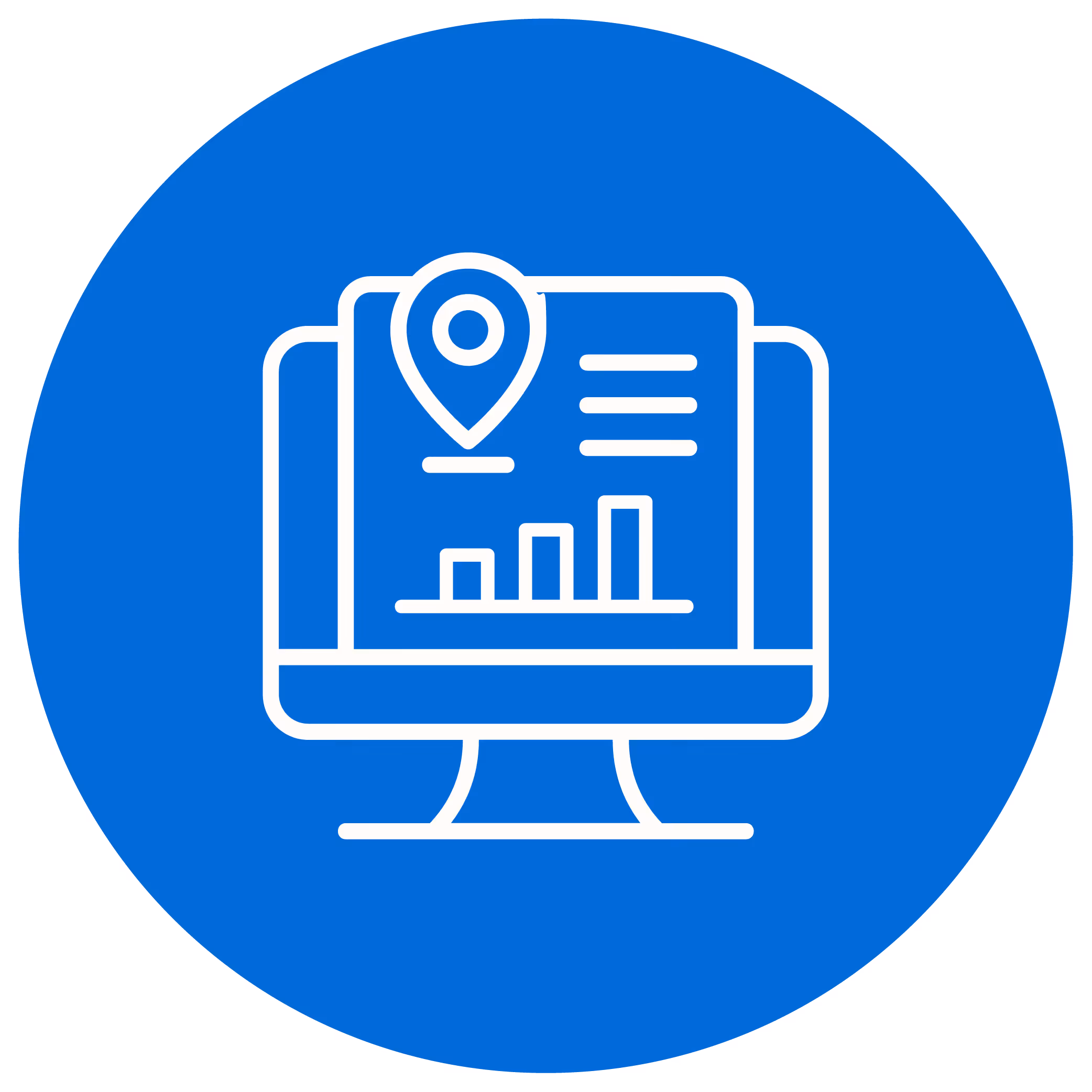 Computer monitor displaying a report with location pin icon and bar chart.