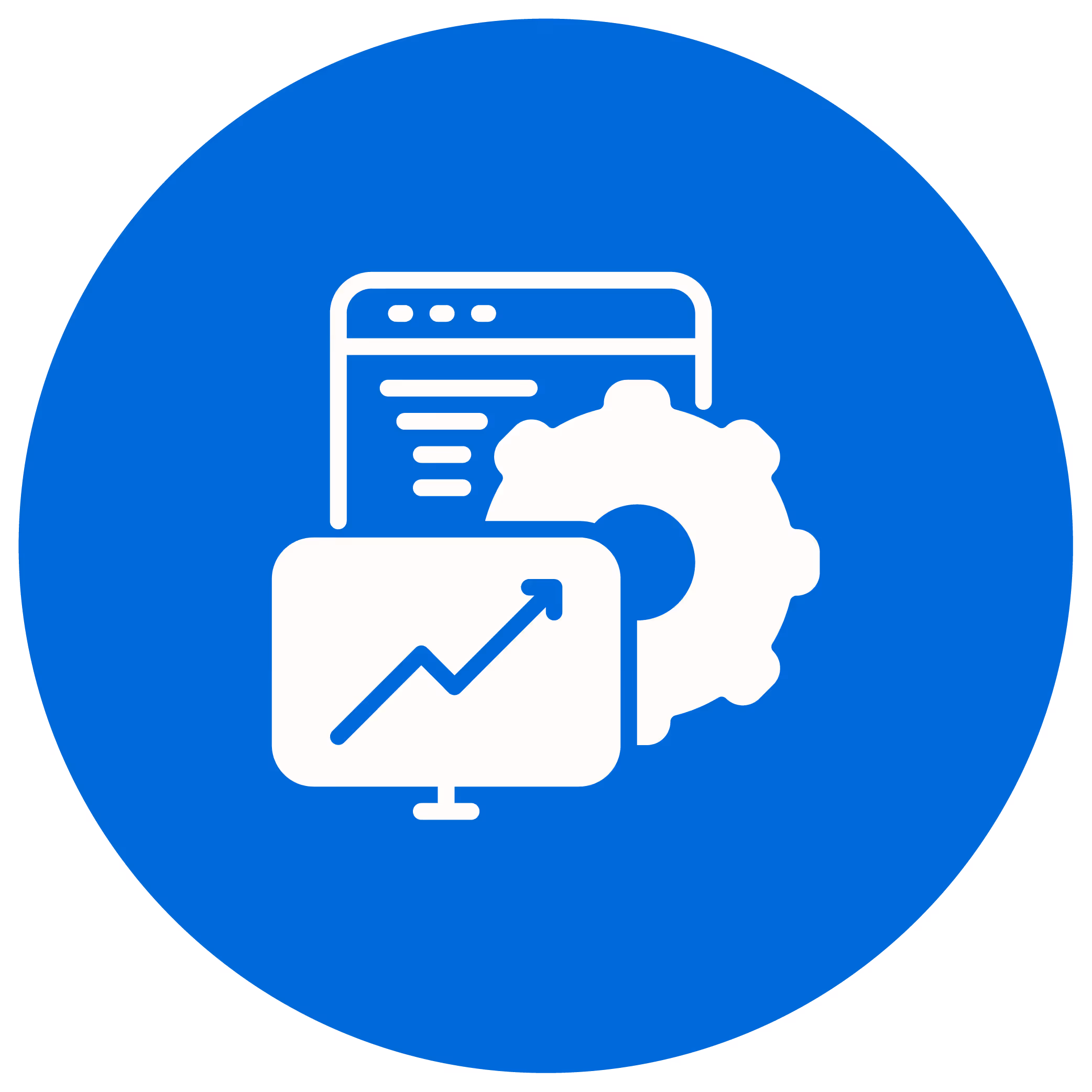Icon showing a webpage, gear, and monitor with an upward trending graph representing optimization and performance improvement.