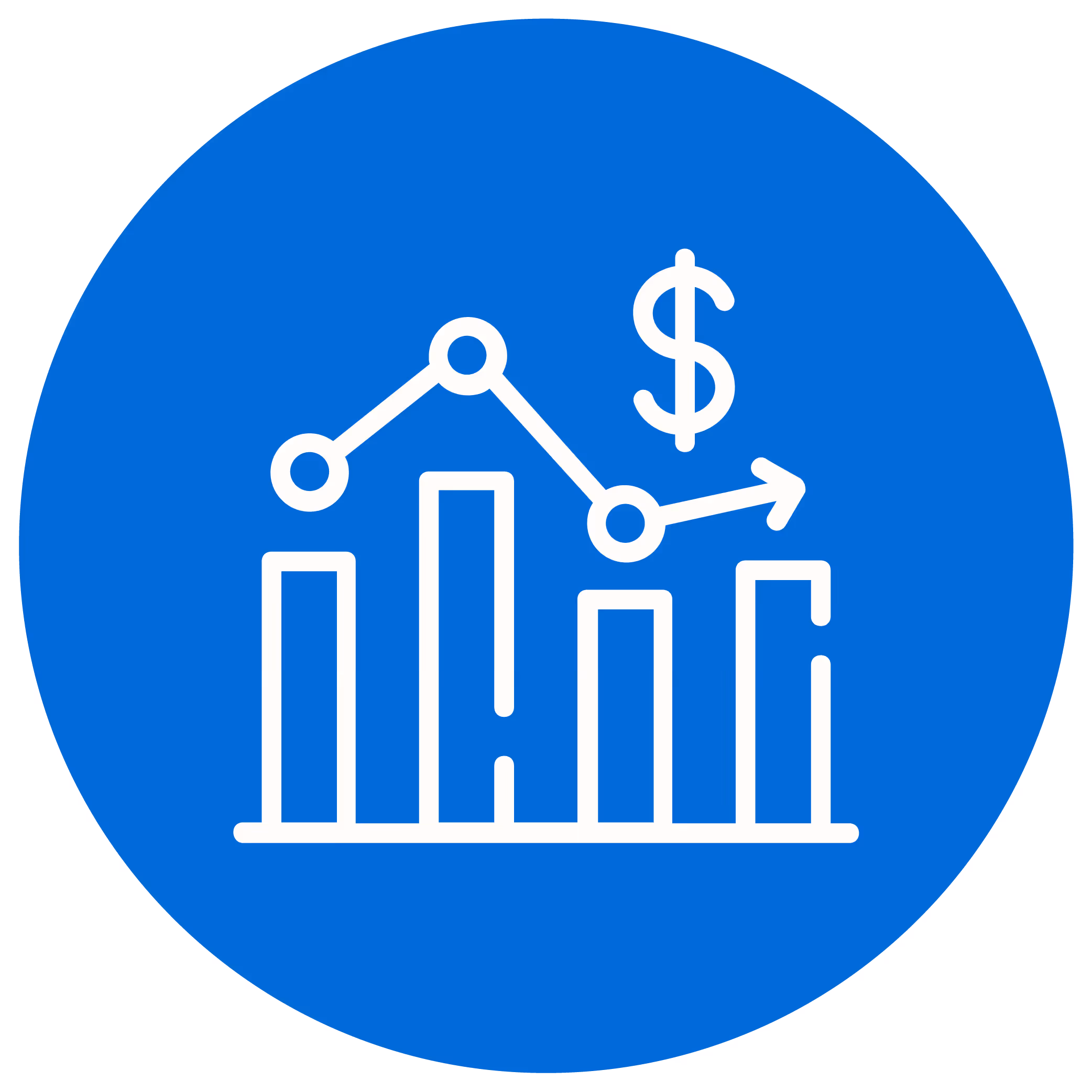 White bar chart with a line graph and a dollar sign inside a blue circle.