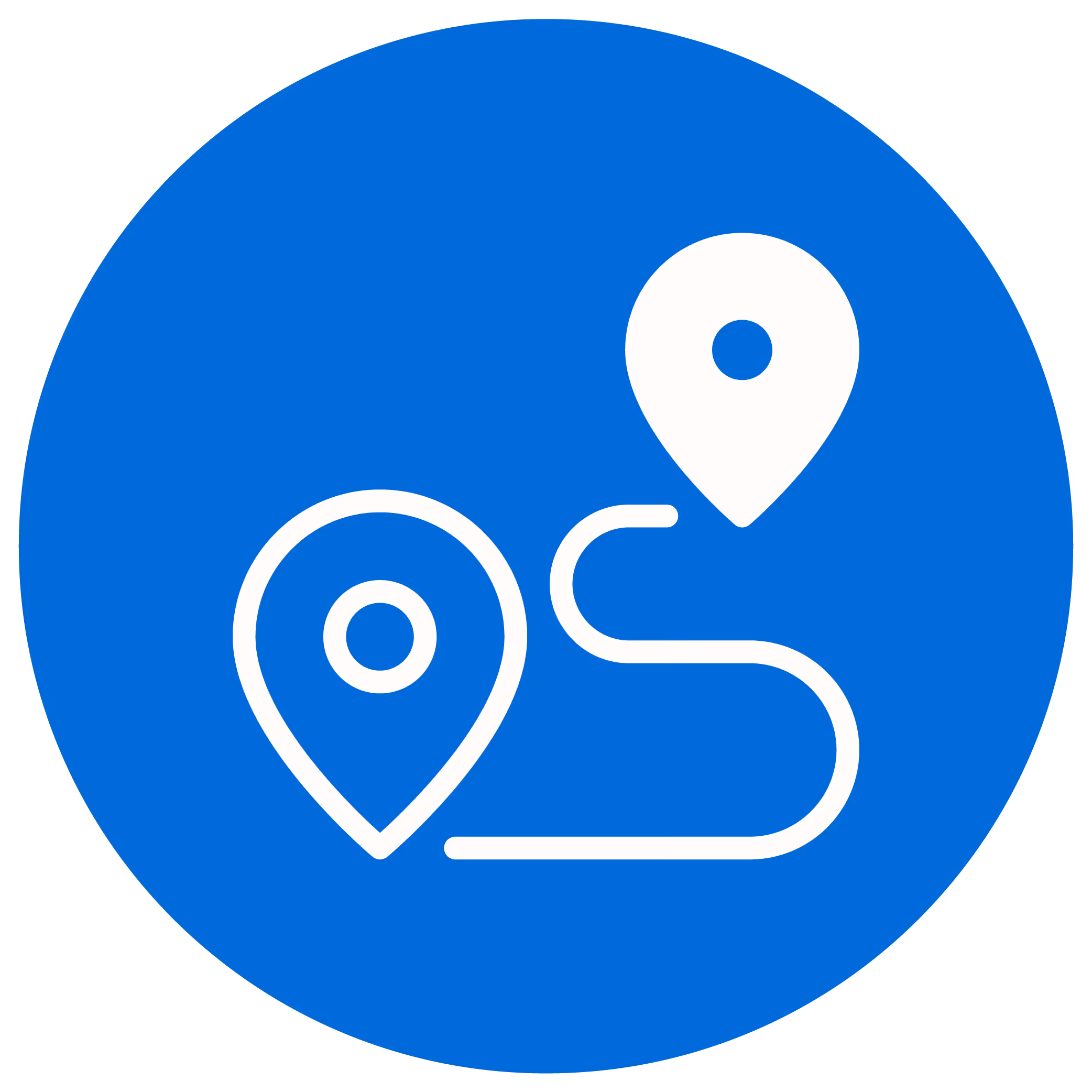 Blue circle with white map location pins connected by a curved path indicating route or navigation.